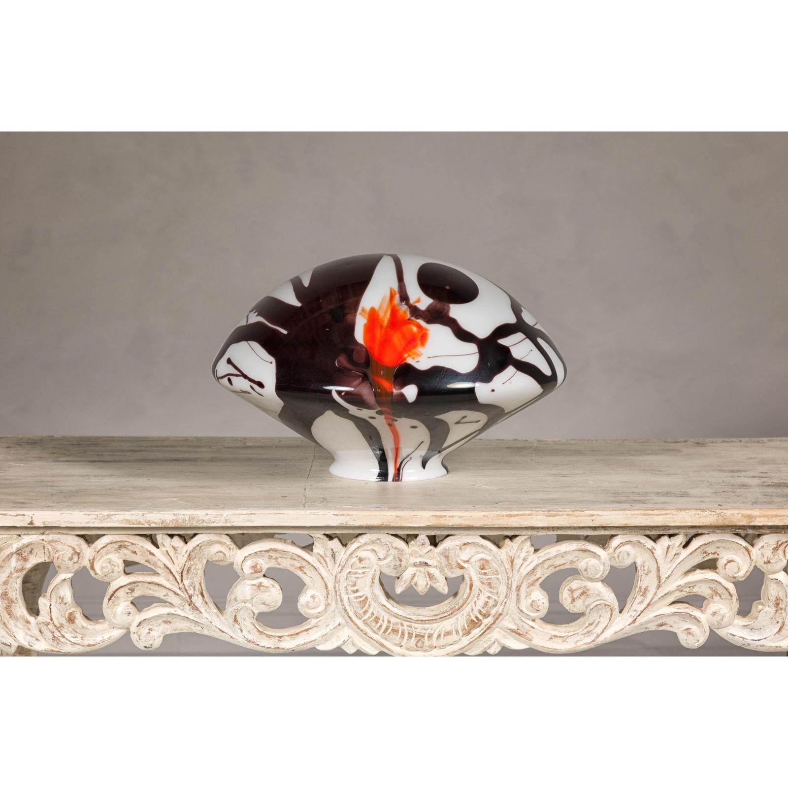 Blown Glass Dome with White, Black & Orange Abstract Décor