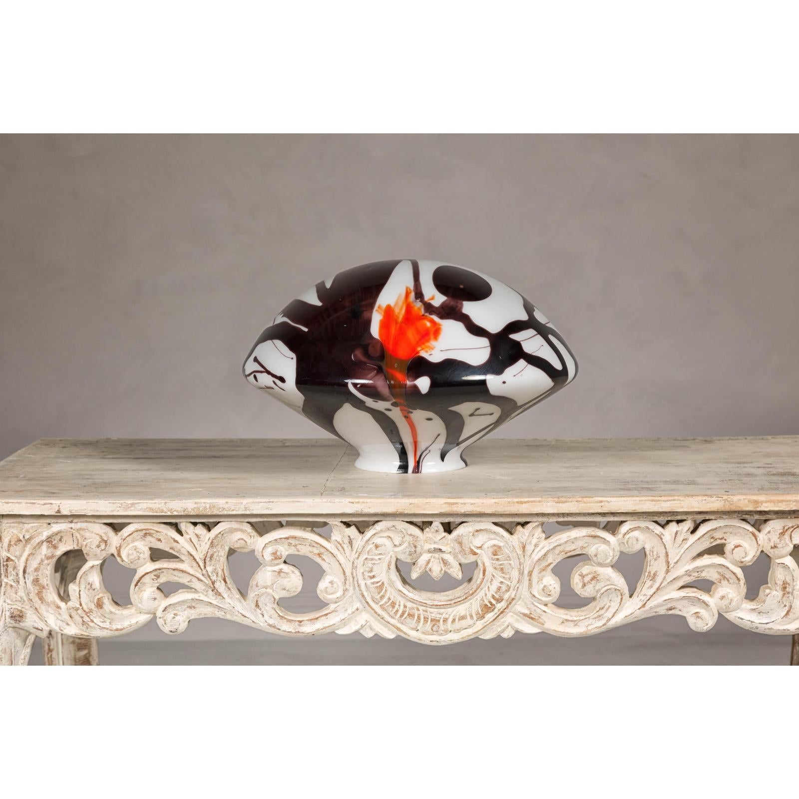 Blown Glass Dome with White, Black & Orange Abstract Décor