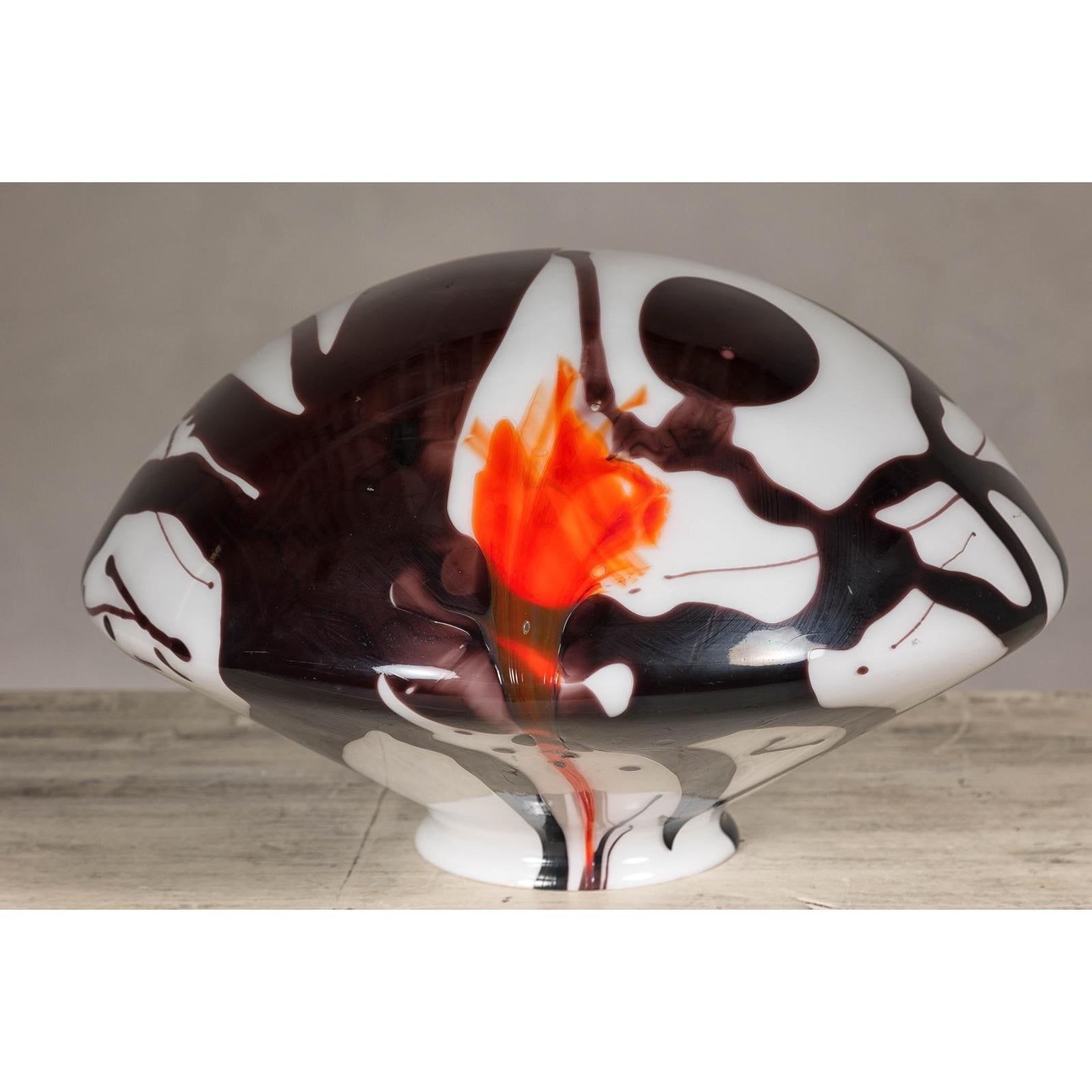Blown Glass Dome with White, Black & Orange Abstract Décor