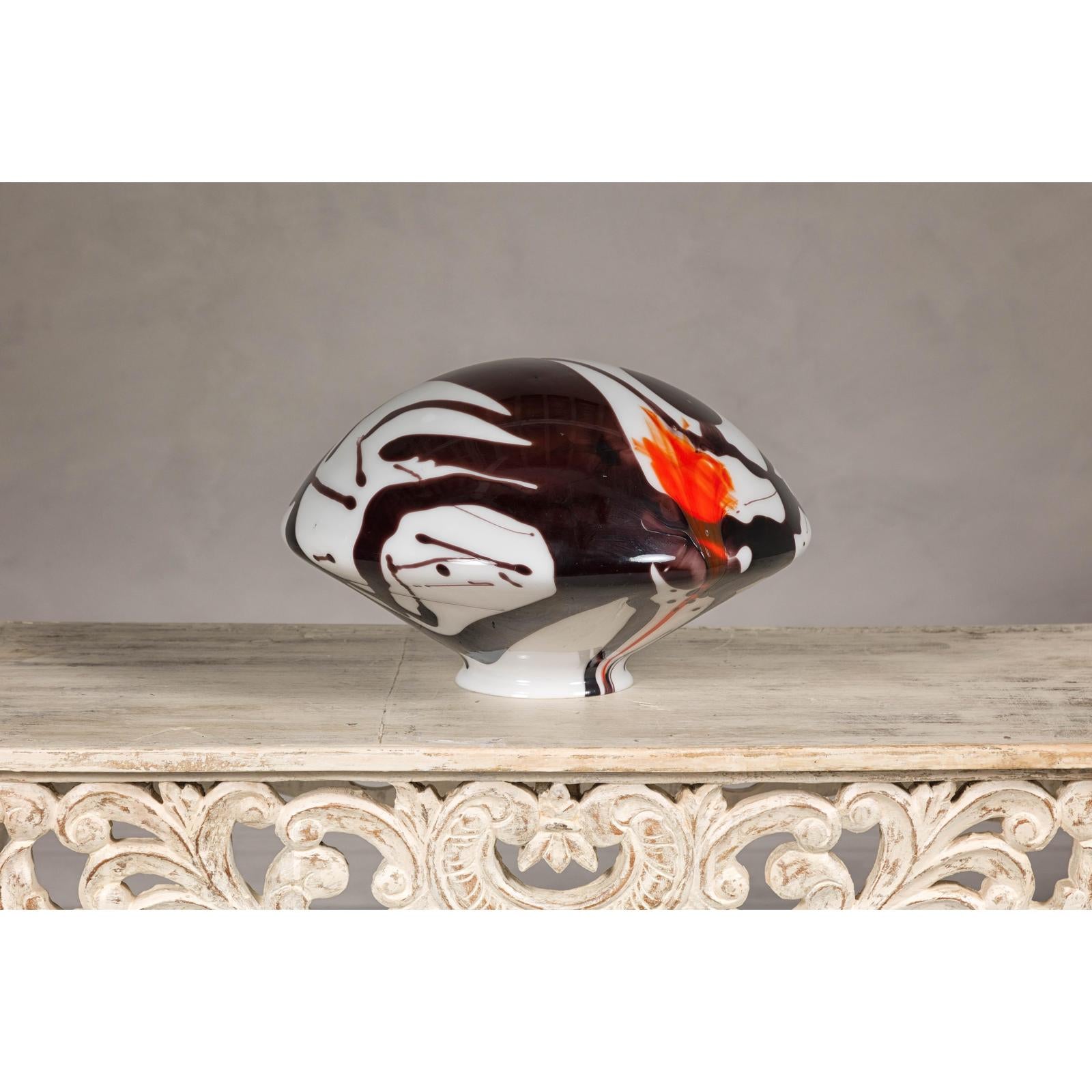 Blown Glass Dome with White, Black & Orange Abstract Décor