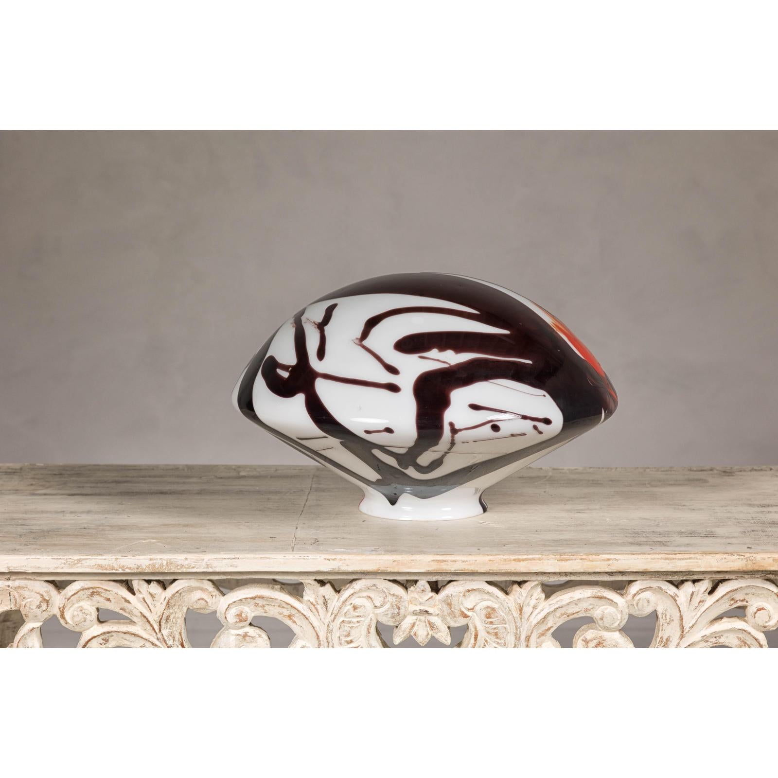 Blown Glass Dome with White, Black & Orange Abstract Décor