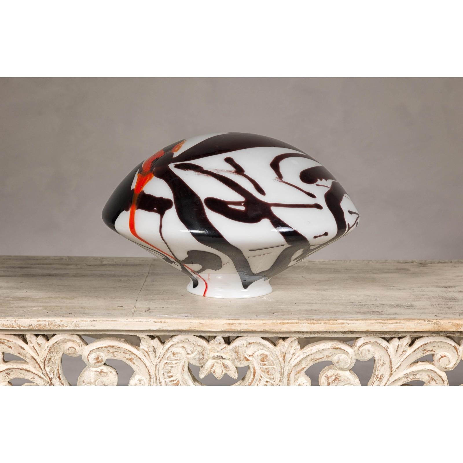 Blown Glass Dome with White, Black & Orange Abstract Décor