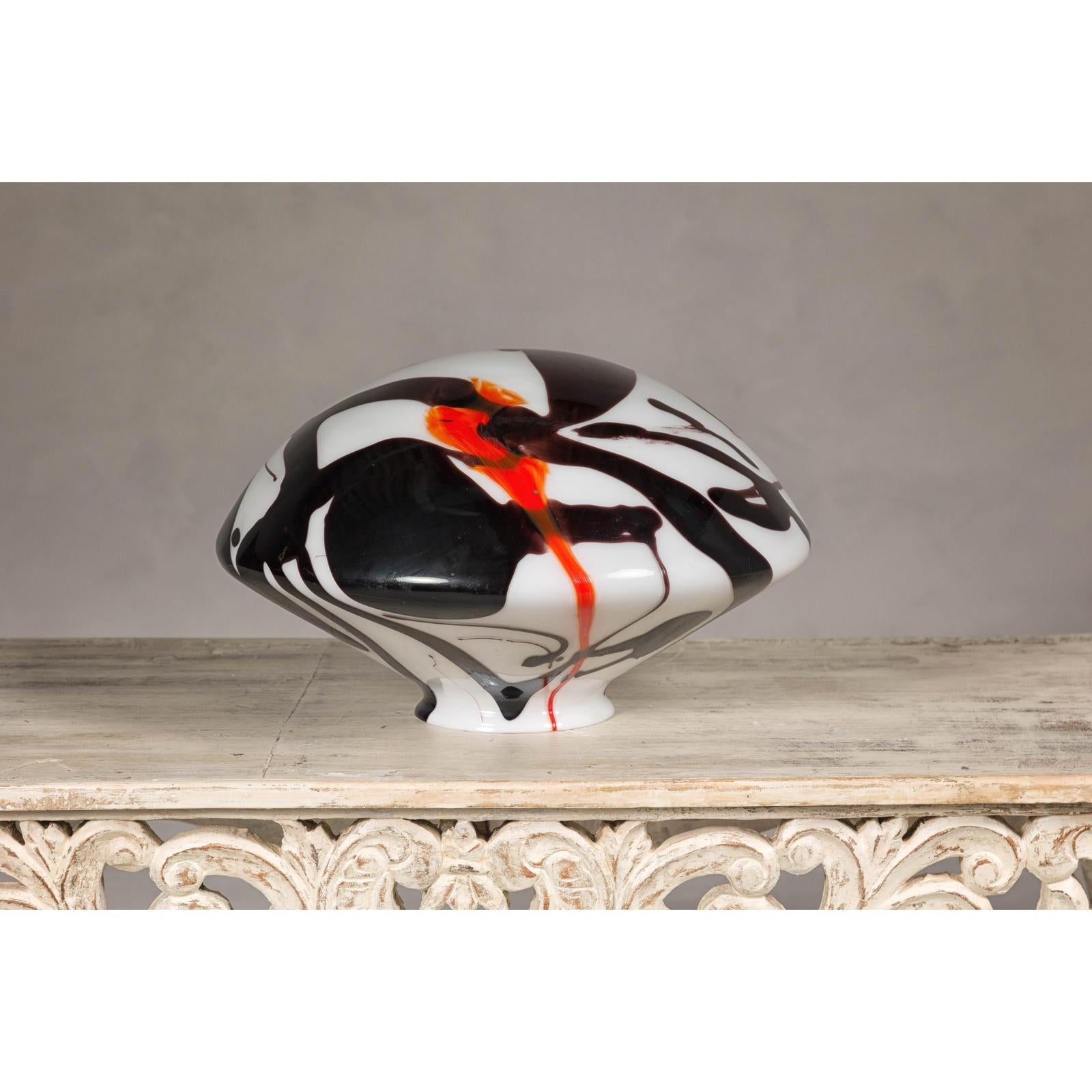 Blown Glass Dome with White, Black & Orange Abstract Décor