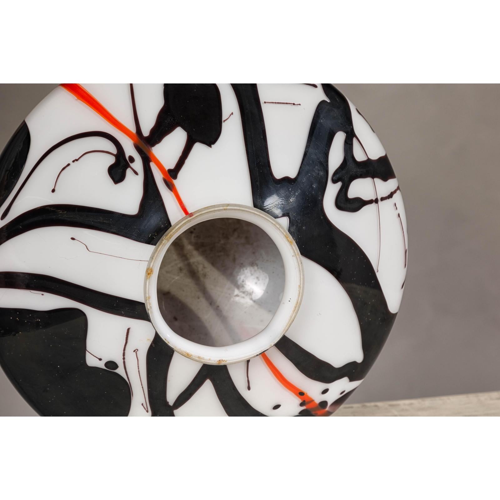 Blown Glass Dome with White, Black & Orange Abstract Décor