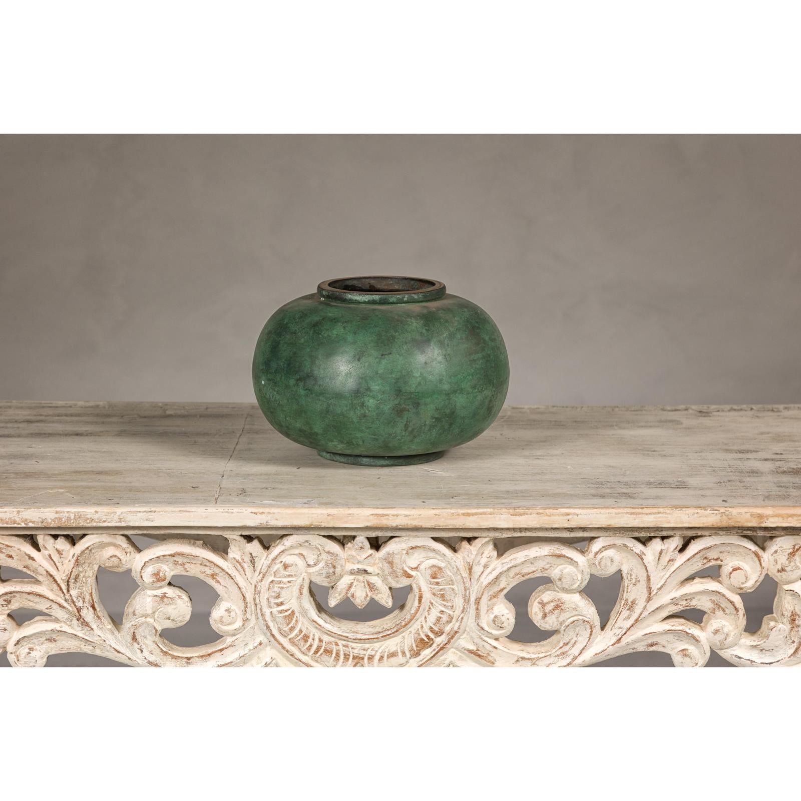 Vintage Bronze Bowl with Generous Rounded Silhouette and Verdigris Patina