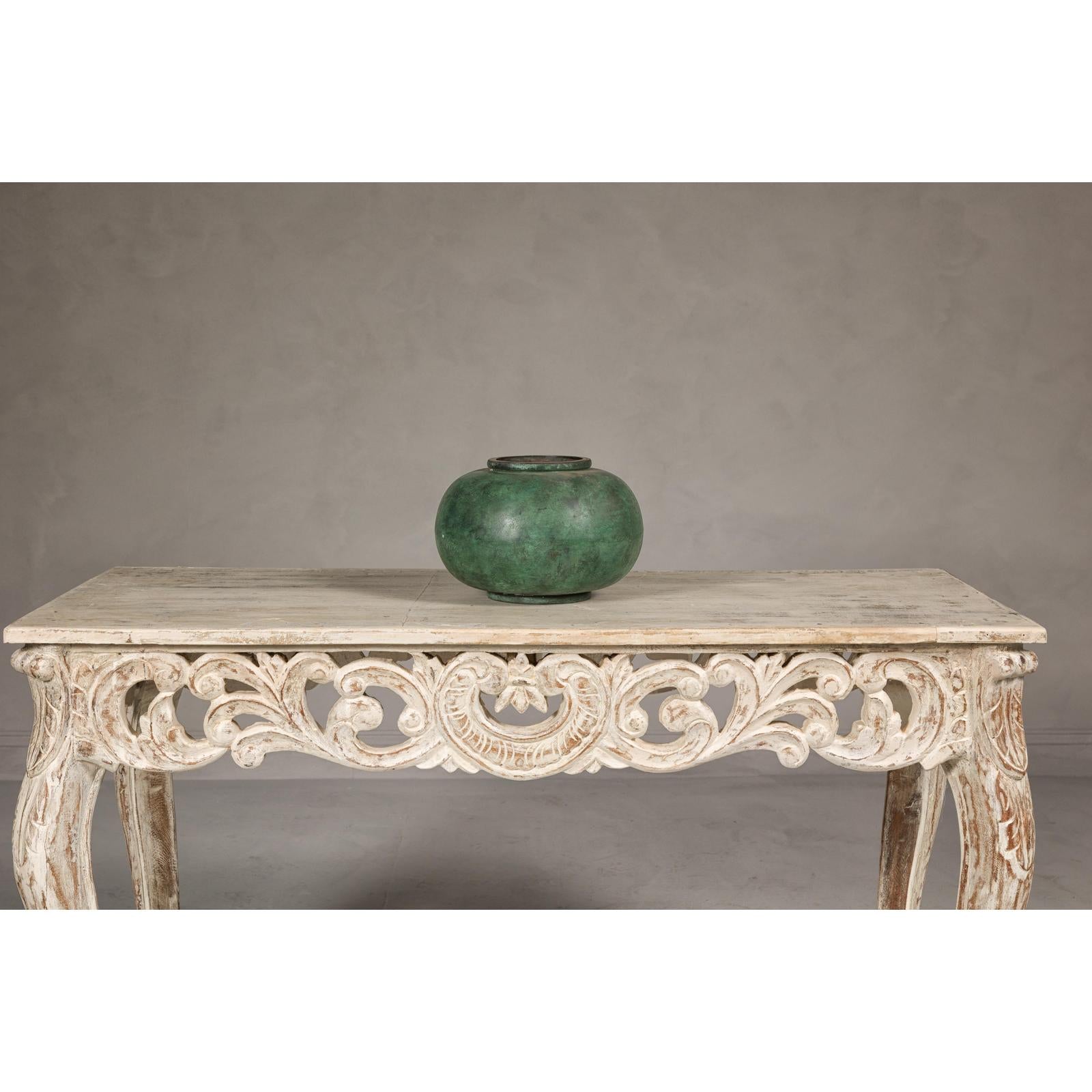 Vintage Bronze Bowl with Generous Rounded Silhouette and Verdigris Patina