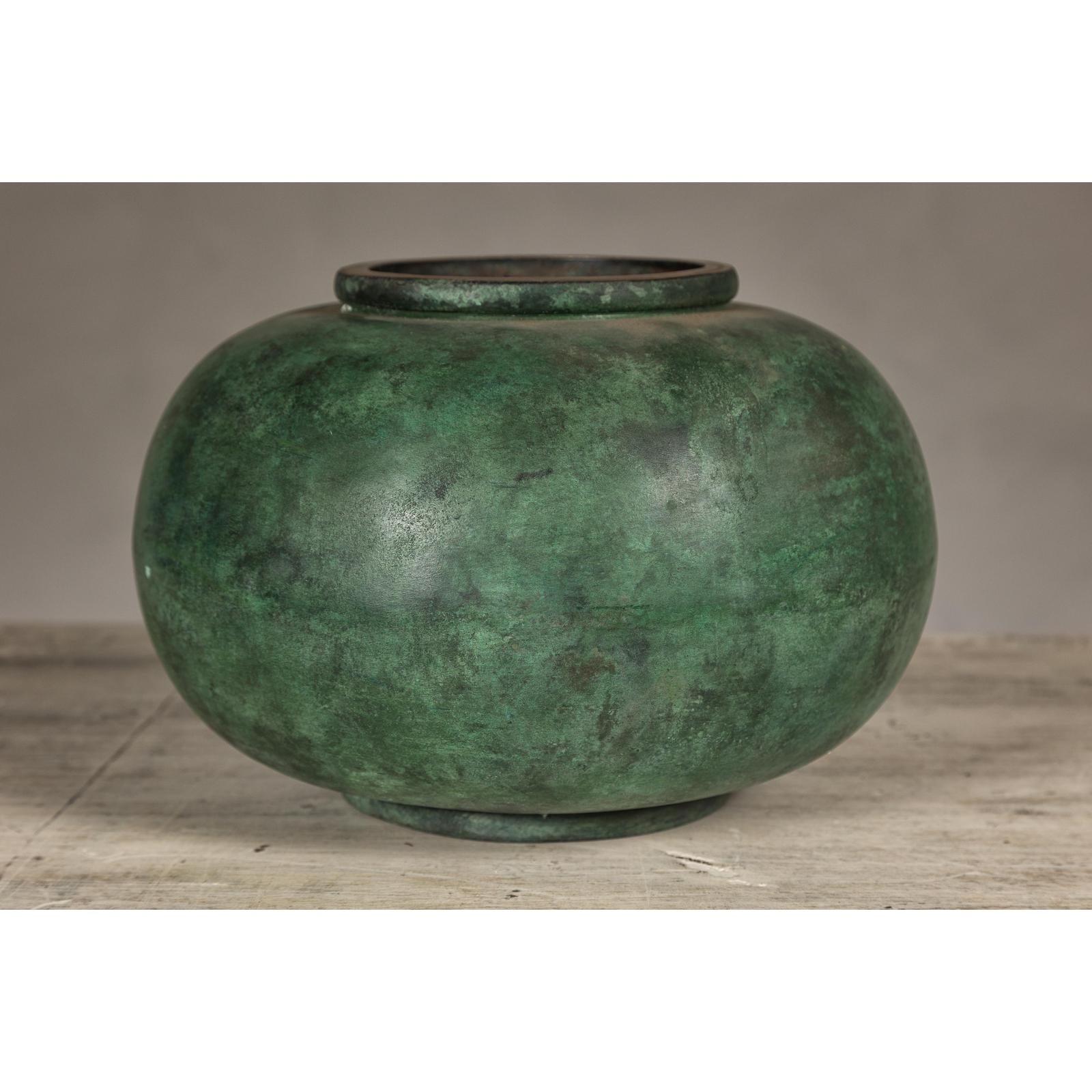 Vintage Bronze Bowl with Generous Rounded Silhouette and Verdigris Patina