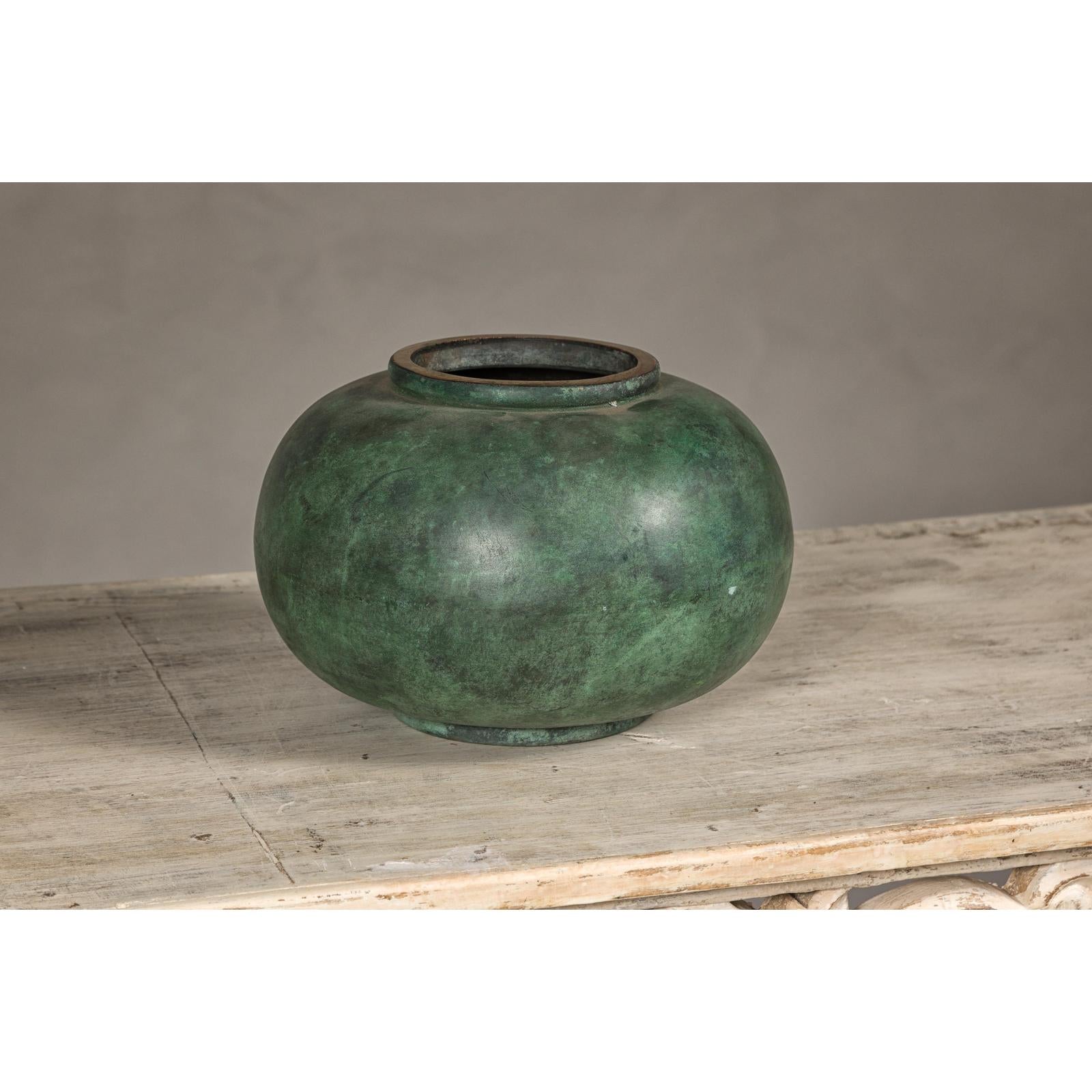 Vintage Bronze Bowl with Generous Rounded Silhouette and Verdigris Patina