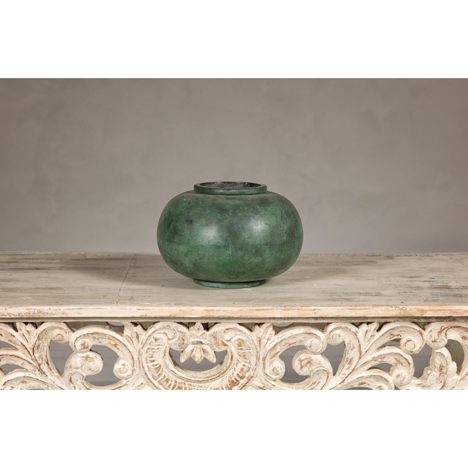 Vintage Bronze Bowl with Generous Rounded Silhouette and Verdigris Patina