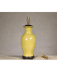 Yellow Crackle Glazed Ceramic Vase with Round Belly on Wooden Base