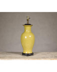 Yellow Crackle Glazed Ceramic Vase with Round Belly on Wooden Base
