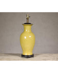 Yellow Crackle Glazed Ceramic Vase with Round Belly on Wooden Base