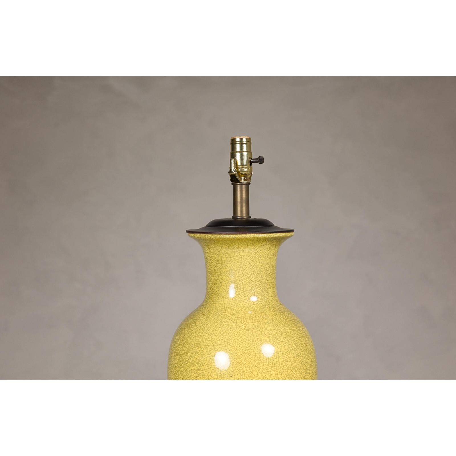 Yellow Crackle Glazed Ceramic Vase with Round Belly on Wooden Base