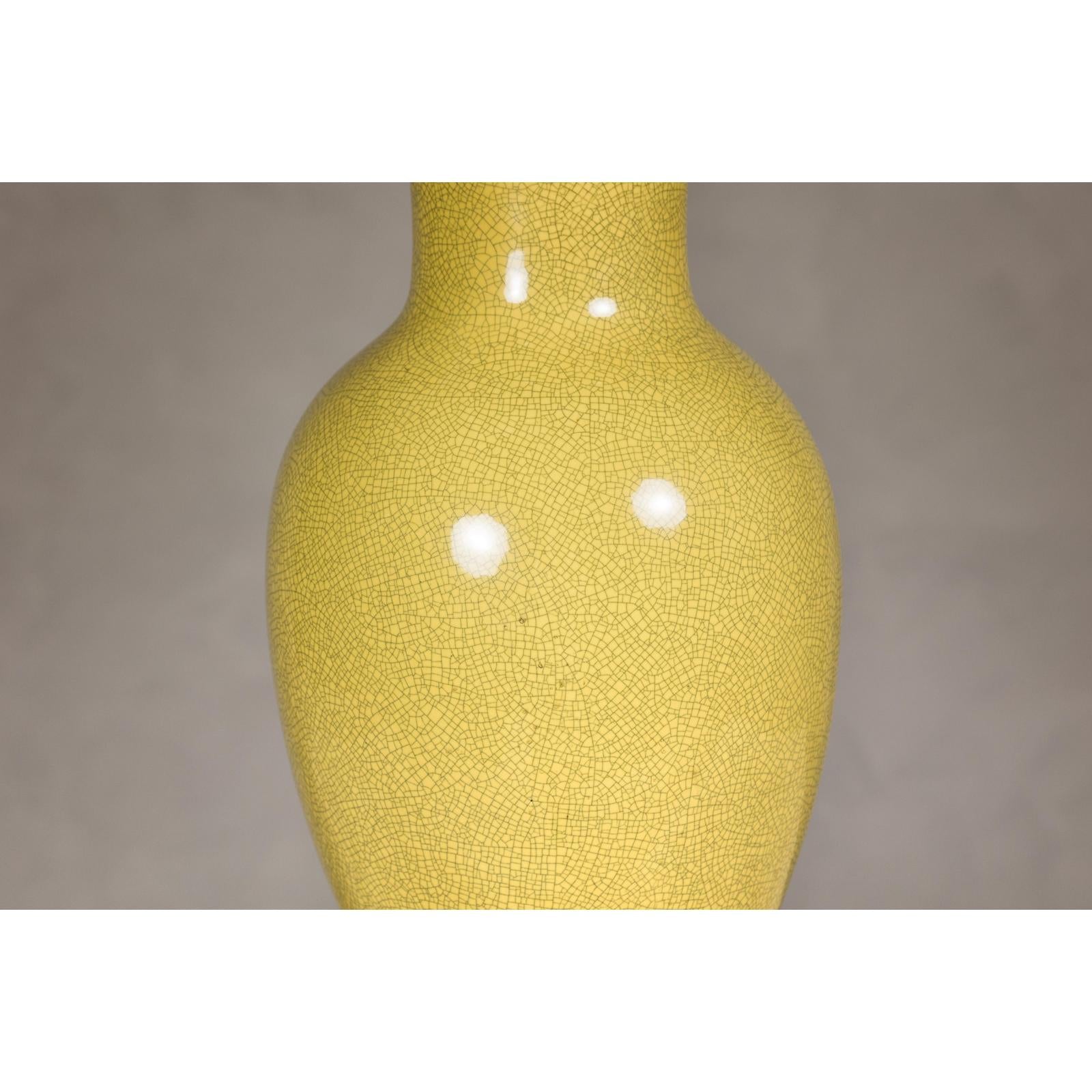 Yellow Crackle Glazed Ceramic Vase with Round Belly on Wooden Base