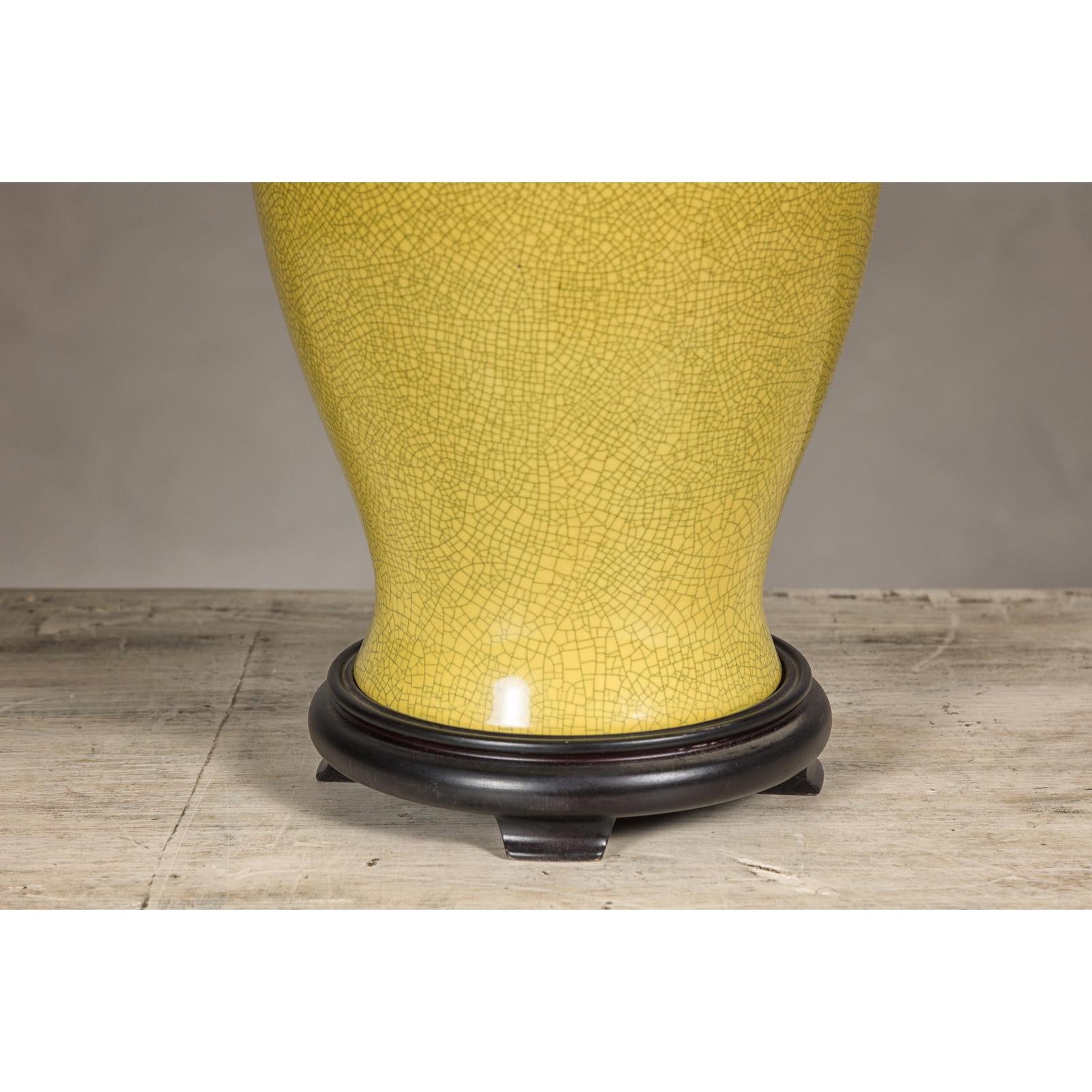 Yellow Crackle Glazed Ceramic Vase with Round Belly on Wooden Base