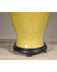 Yellow Crackle Glazed Ceramic Vase with Round Belly on Wooden Base