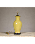 Yellow Crackle Glazed Ceramic Vase with Round Belly on Wooden Base