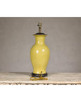 Yellow Crackle Glazed Ceramic Vase with Round Belly on Wooden Base