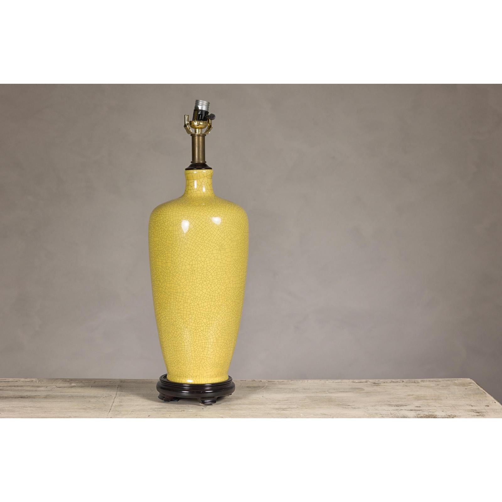 Yellow Crackle Glazed Ceramic Vase with on Wooden Base