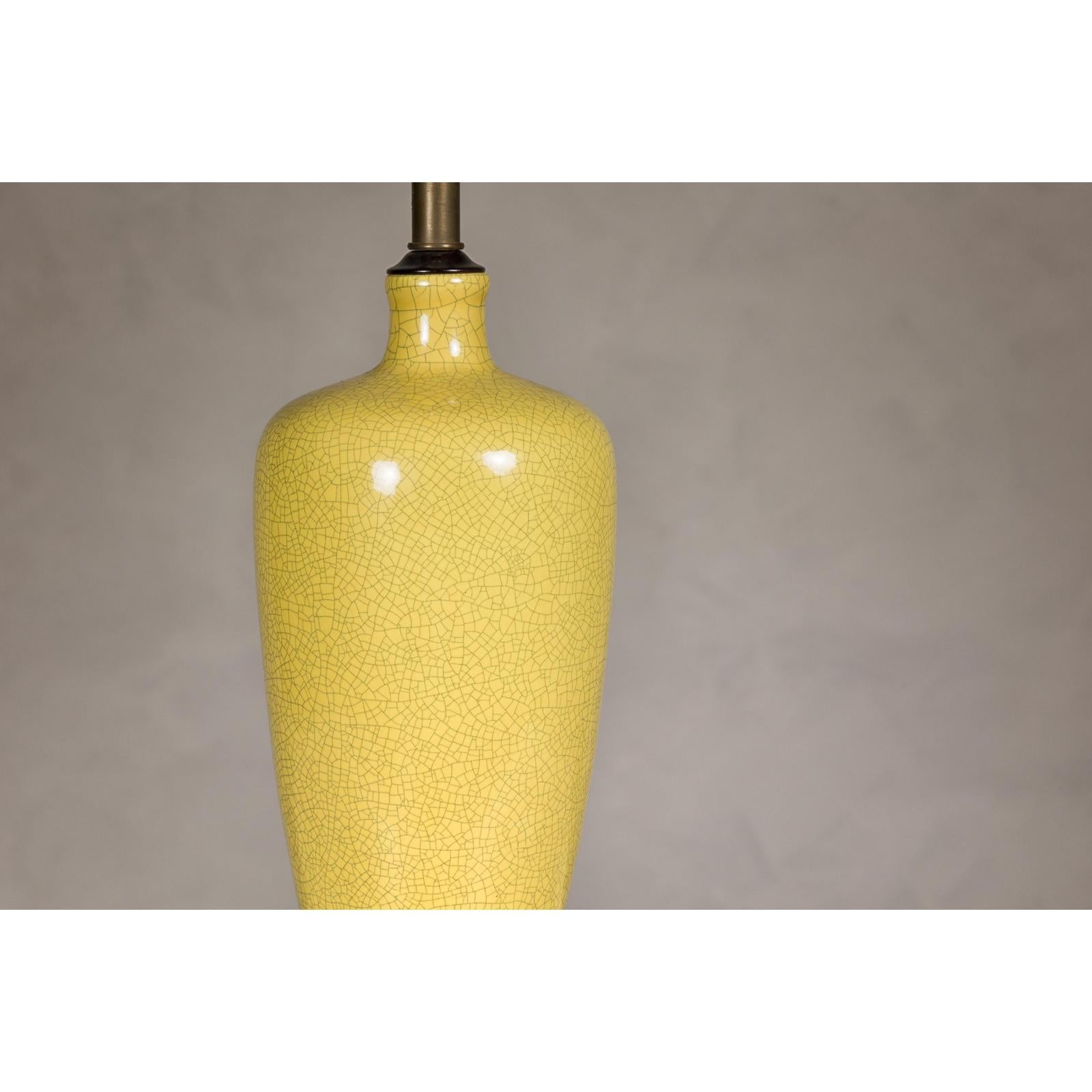 Yellow Crackle Glazed Ceramic Vase with on Wooden Base