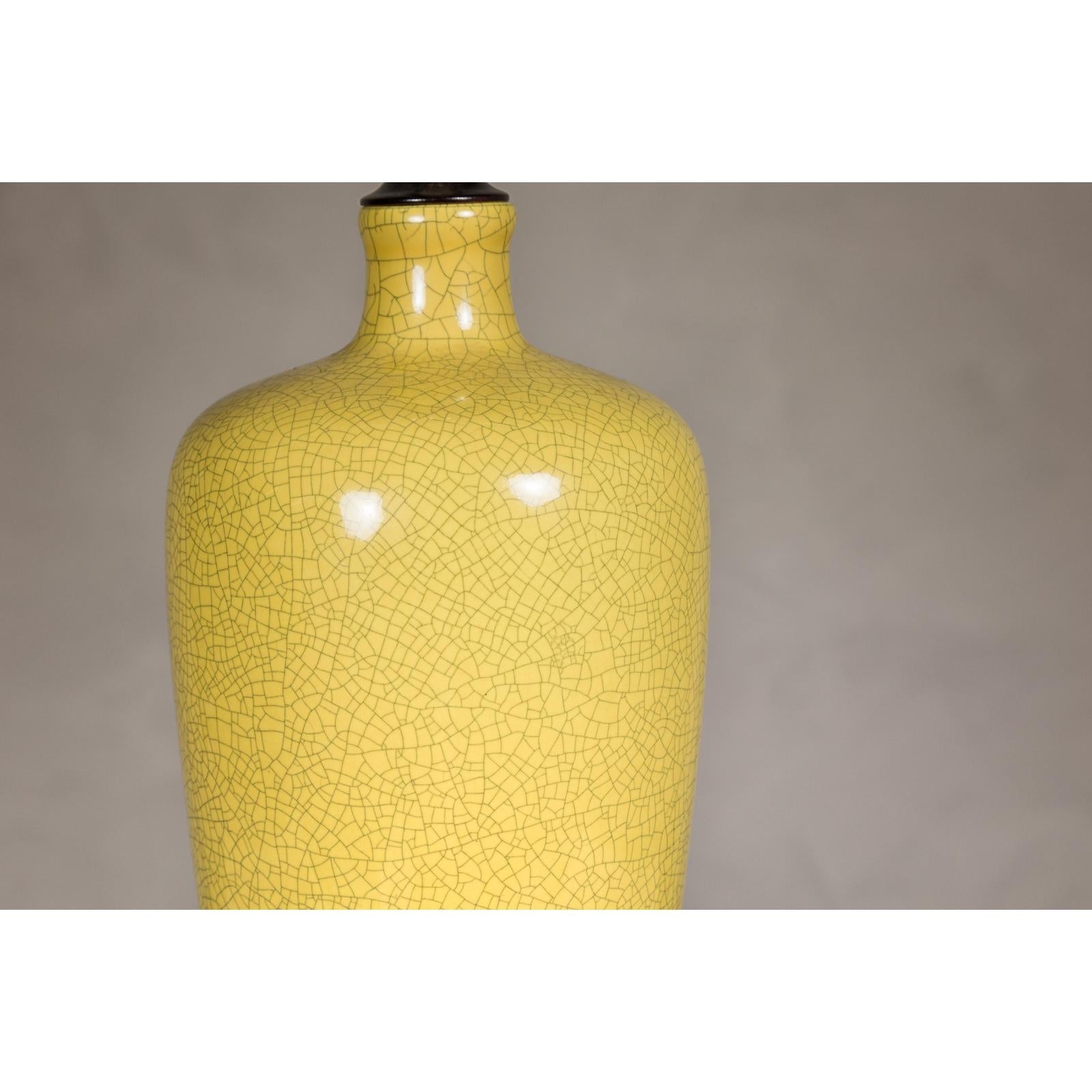 Yellow Crackle Glazed Ceramic Vase with on Wooden Base