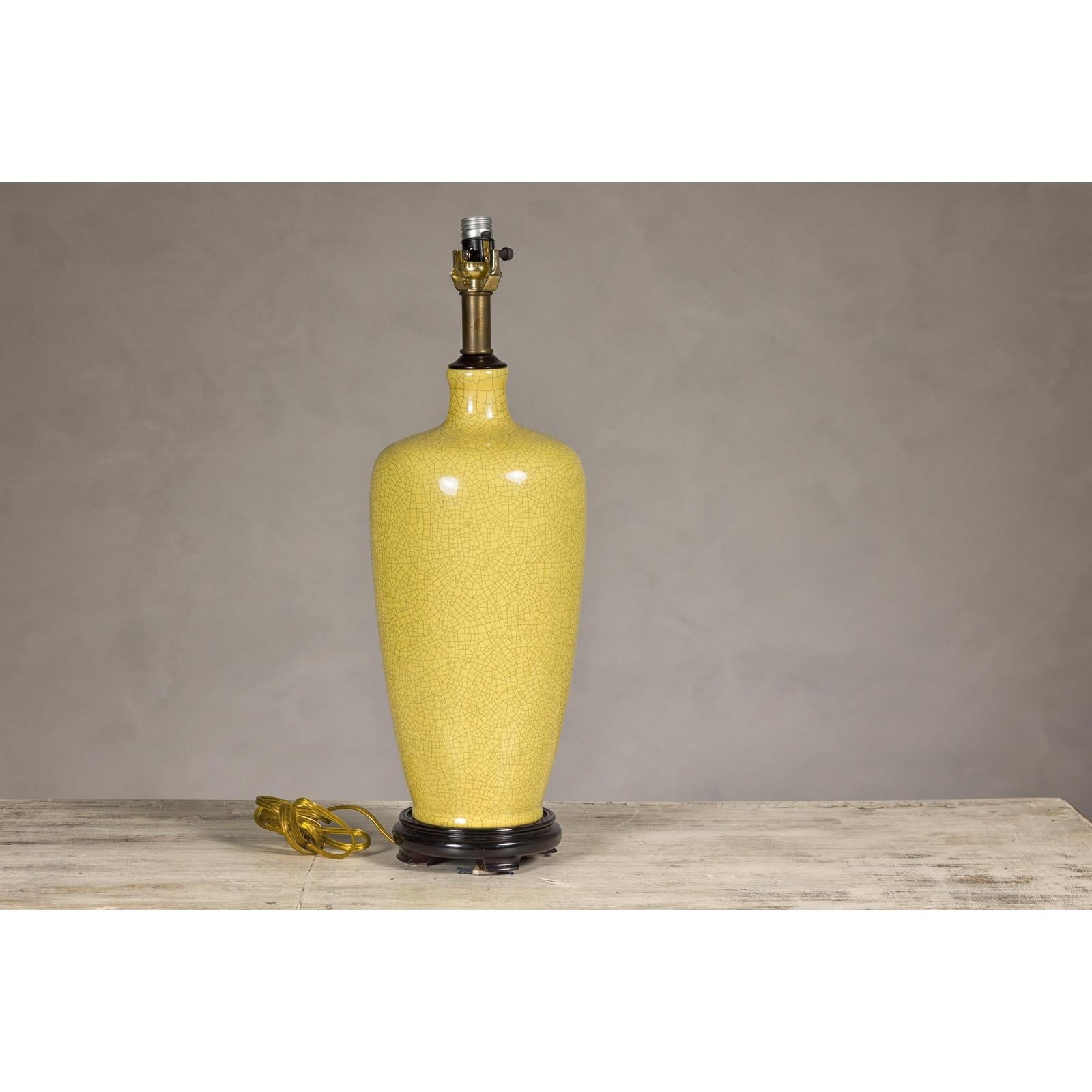 Yellow Crackle Glazed Ceramic Vase with on Wooden Base
