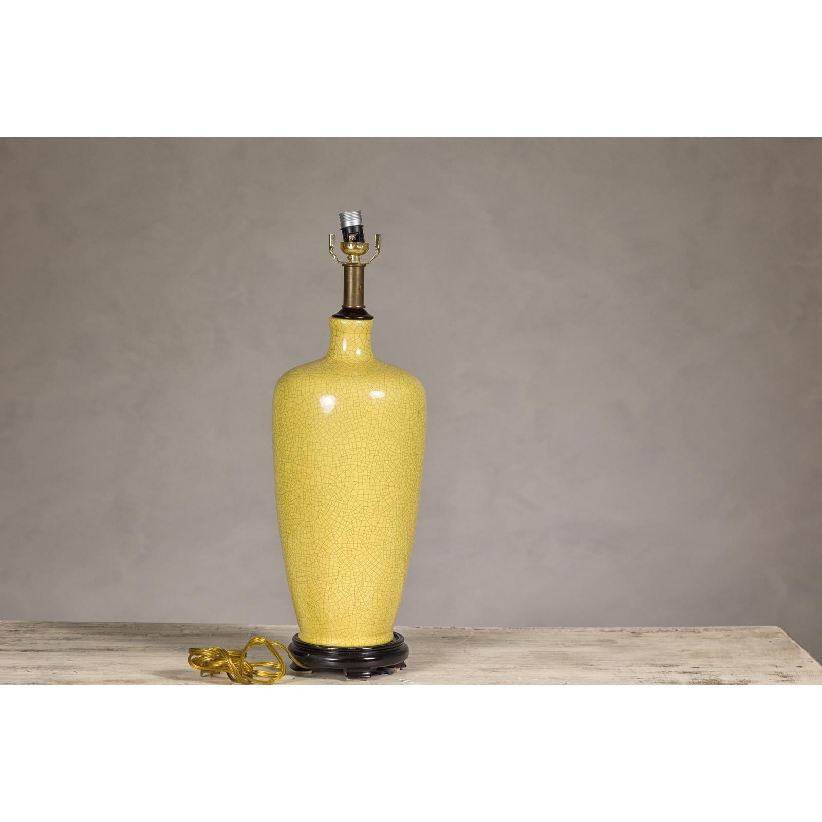 Yellow Crackle Glazed Ceramic Vase with on Wooden Base