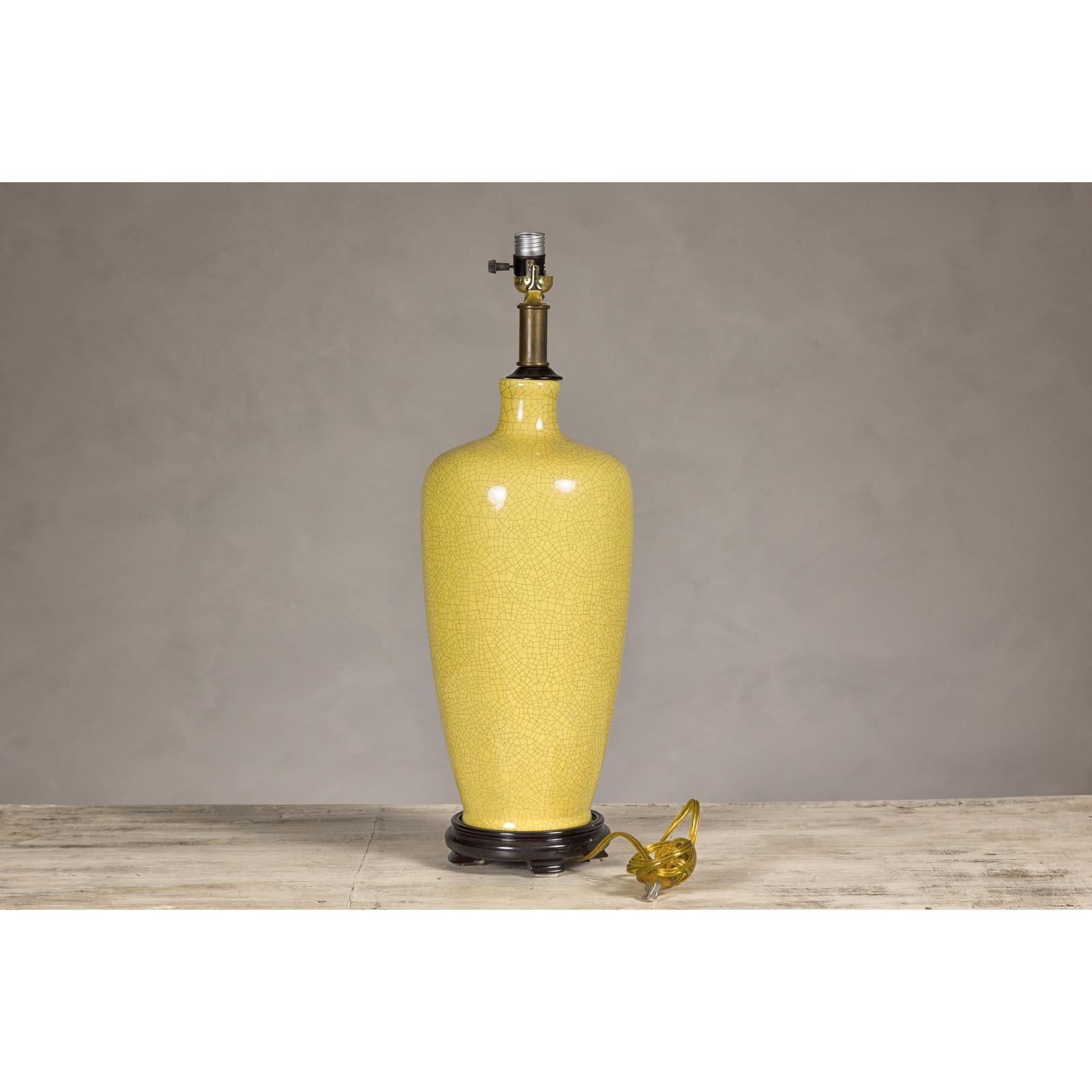 Yellow Crackle Glazed Ceramic Vase with on Wooden Base