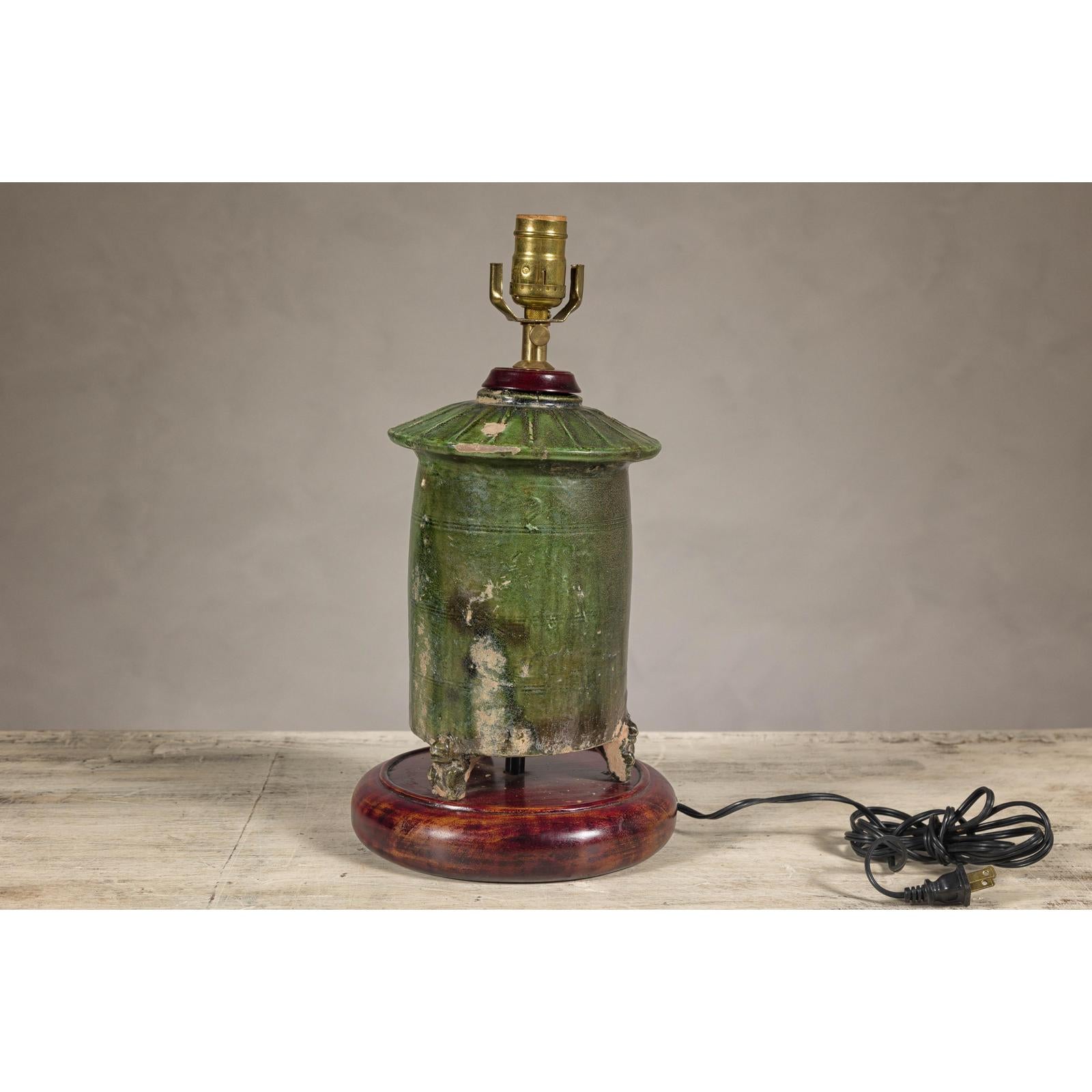 Green Glazed Terracotta Table Lamp on Circular Base