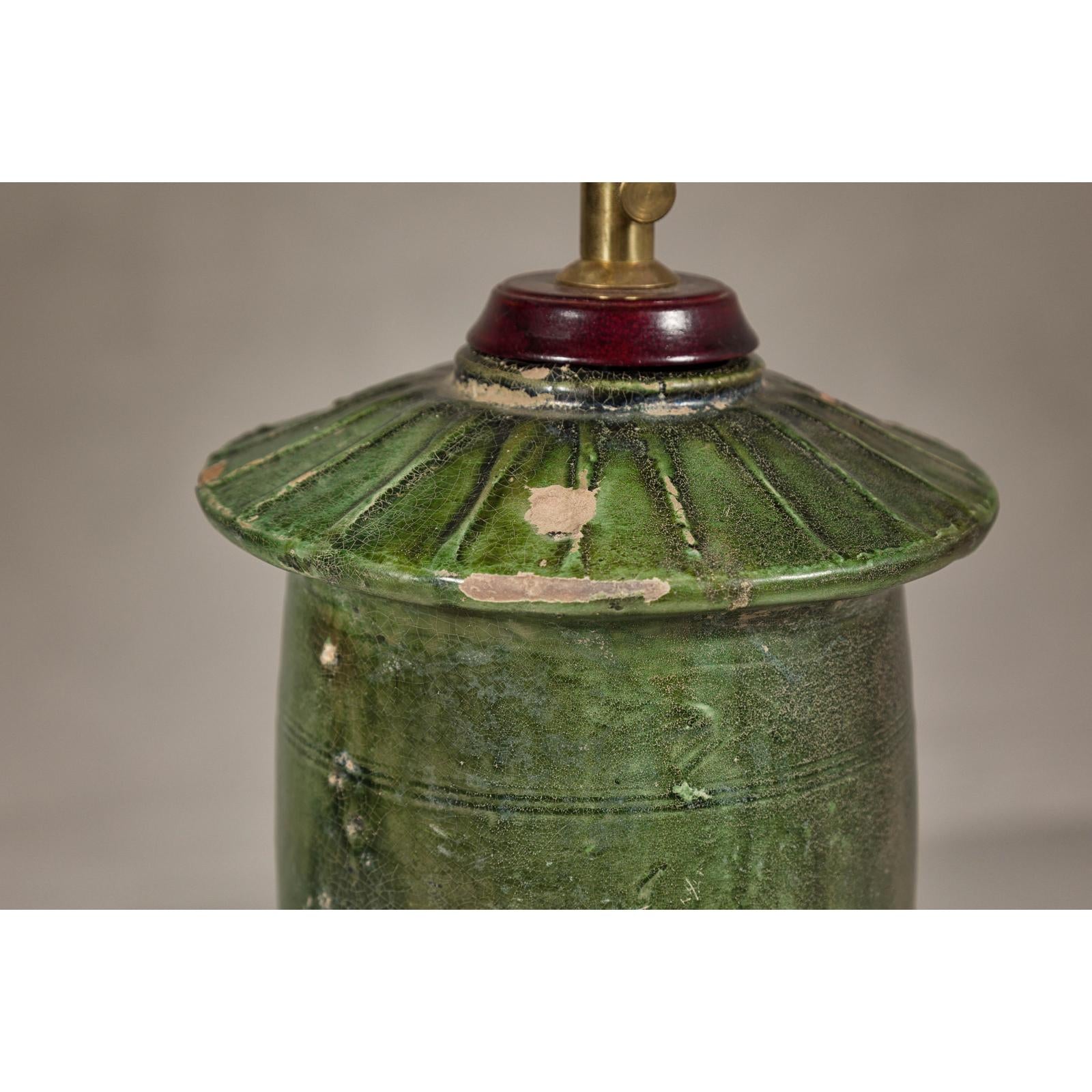 Green Glazed Terracotta Table Lamp on Circular Base