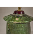 Green Glazed Terracotta Table Lamp on Circular Base