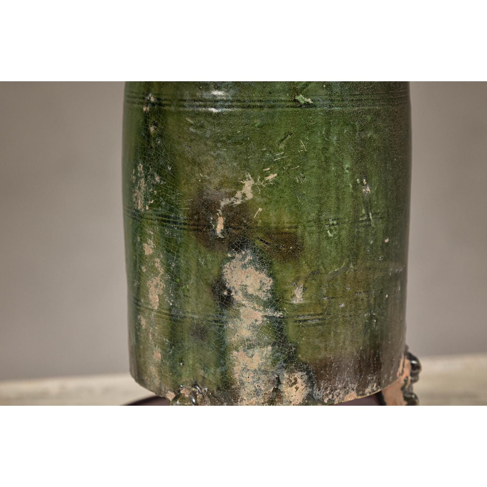 Green Glazed Terracotta Table Lamp on Circular Base