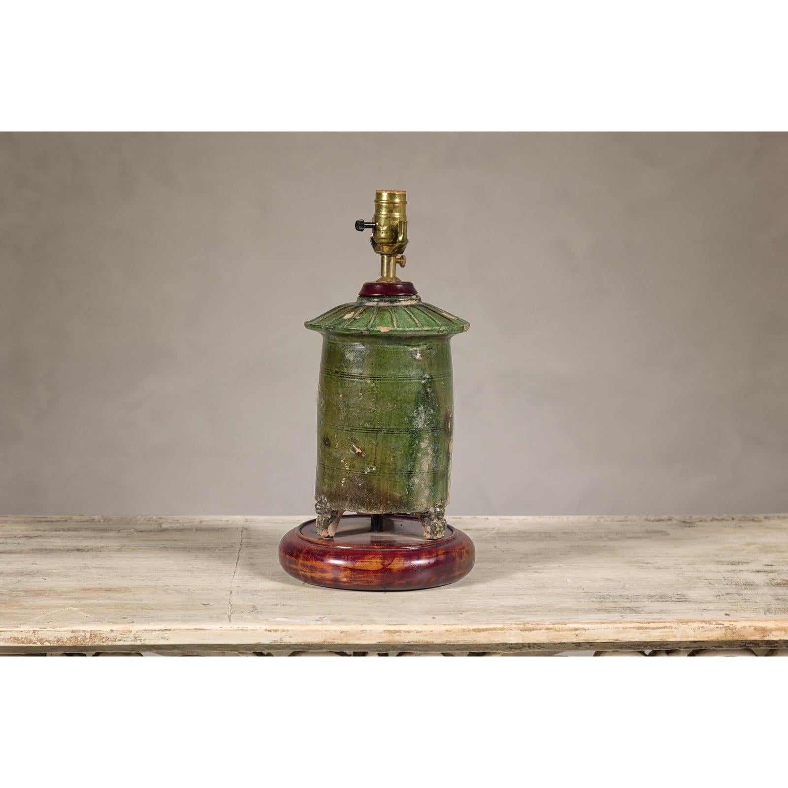 Green Glazed Terracotta Table Lamp on Circular Base