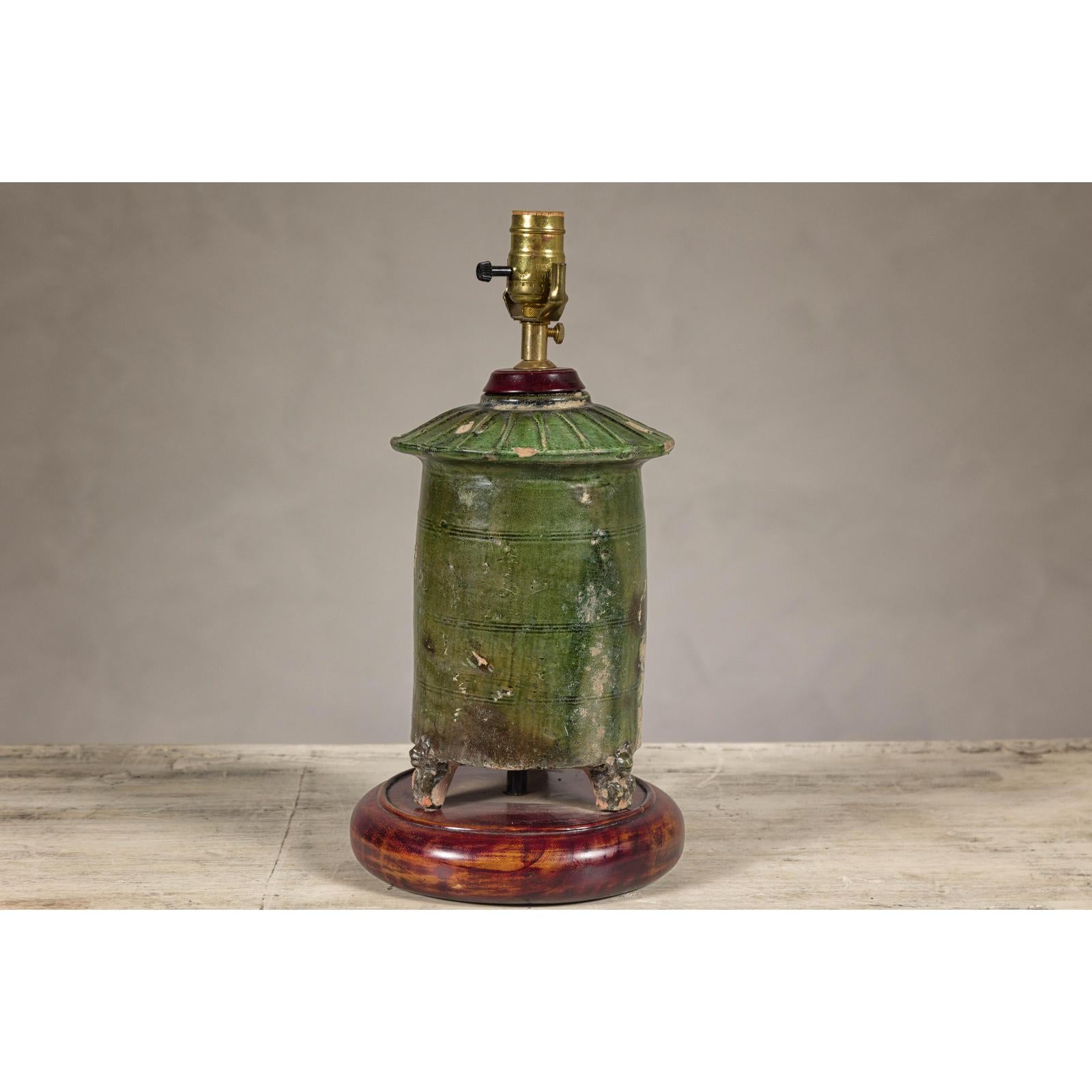 Green Glazed Terracotta Table Lamp on Circular Base