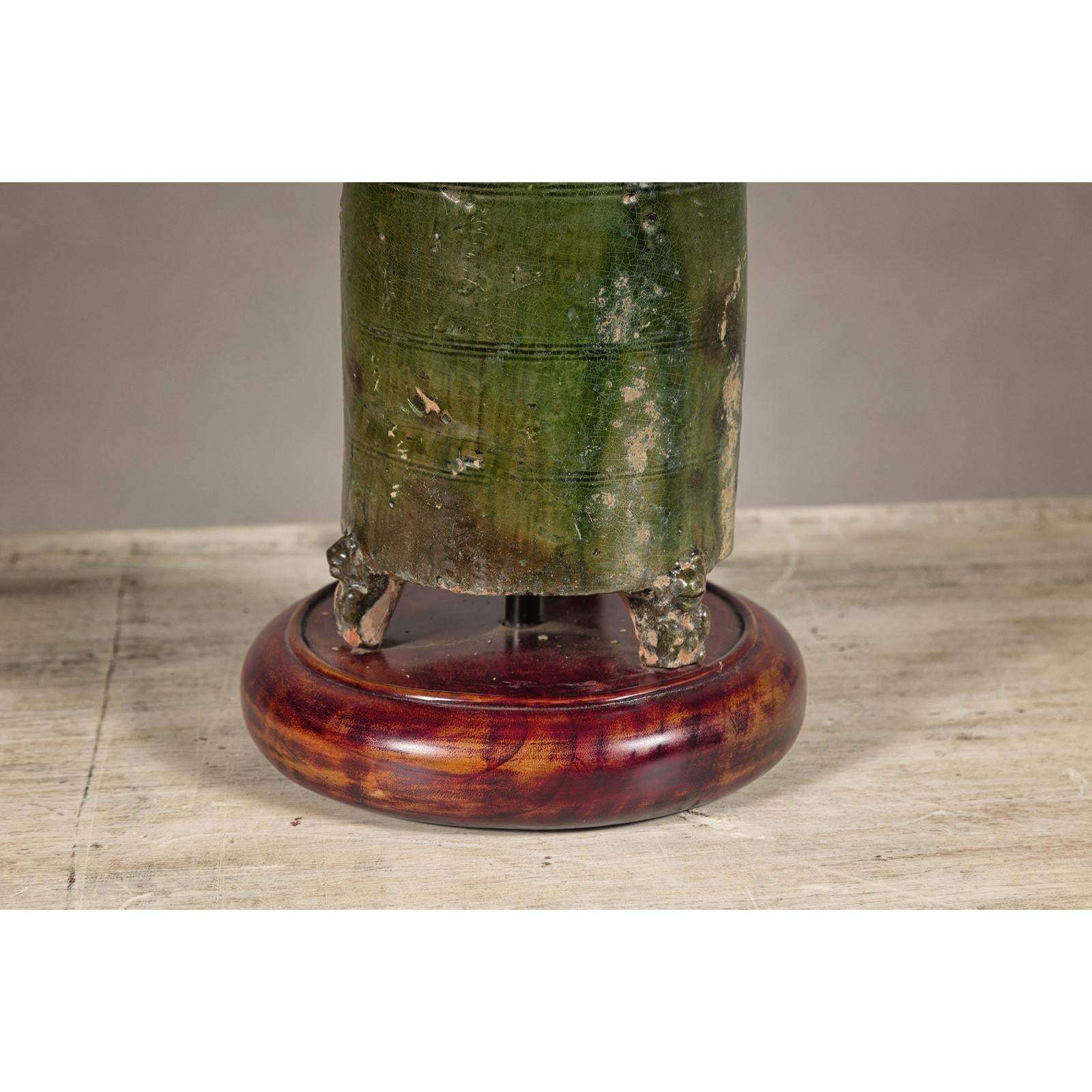 Green Glazed Terracotta Table Lamp on Circular Base