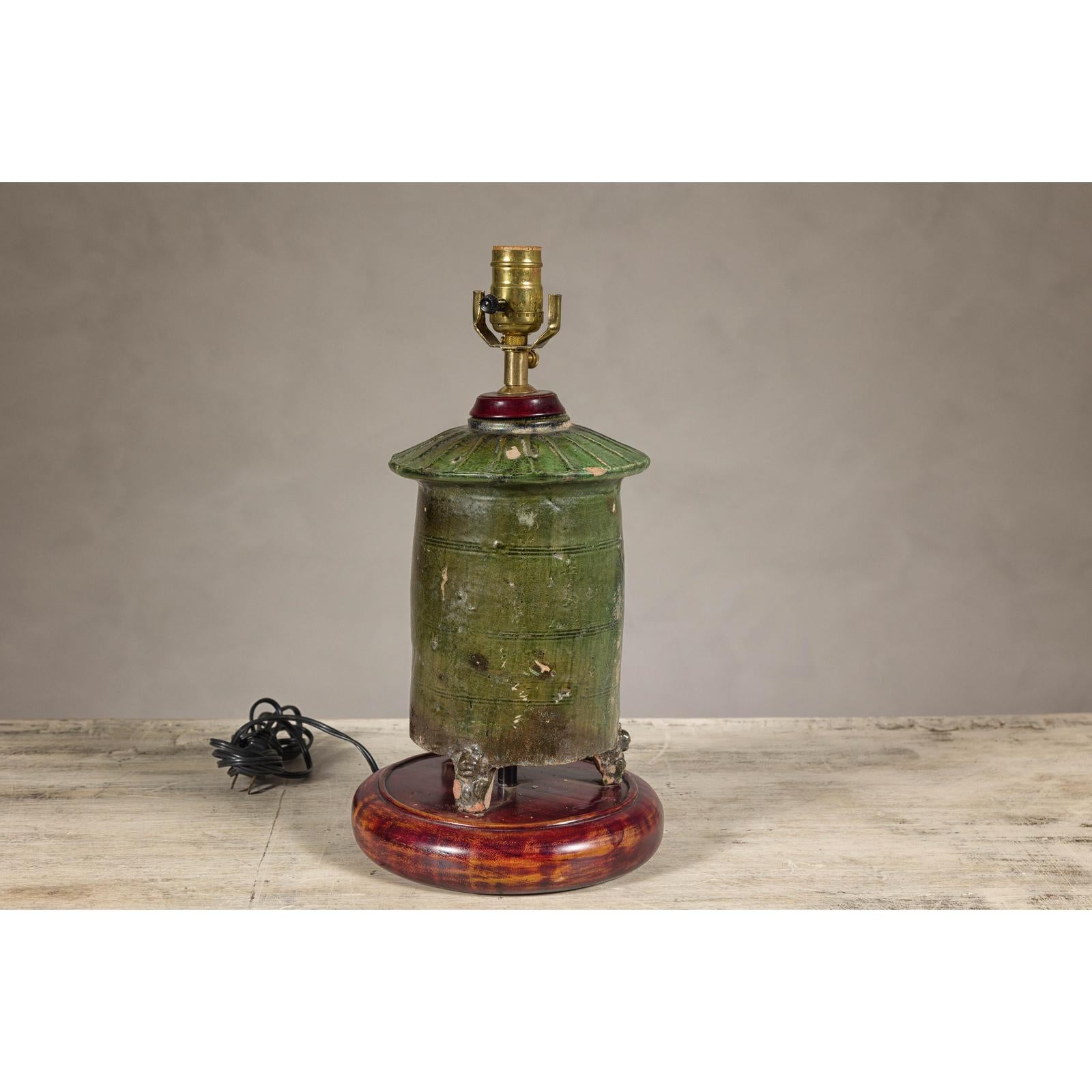 Green Glazed Terracotta Table Lamp on Circular Base