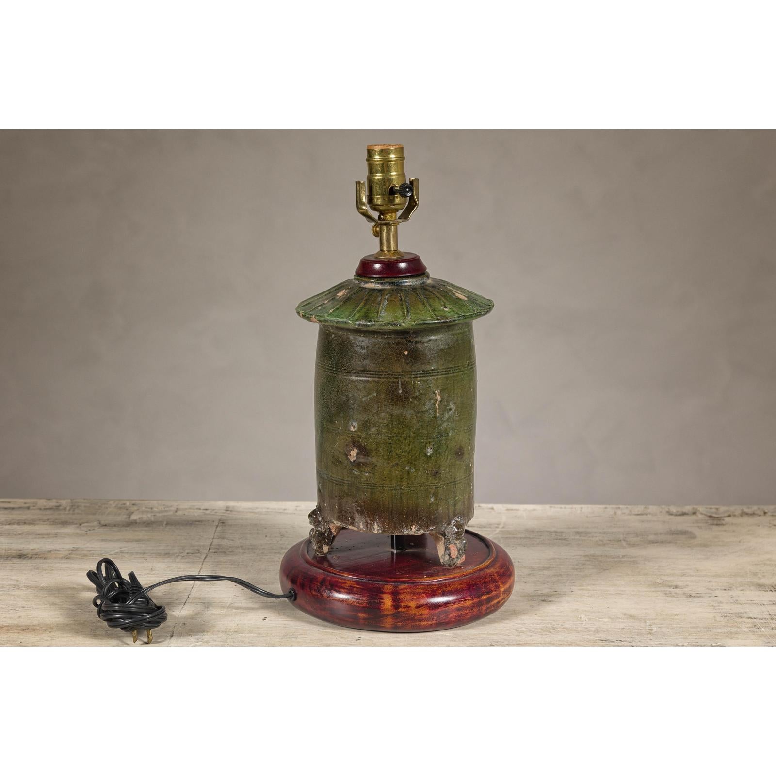 Green Glazed Terracotta Table Lamp on Circular Base