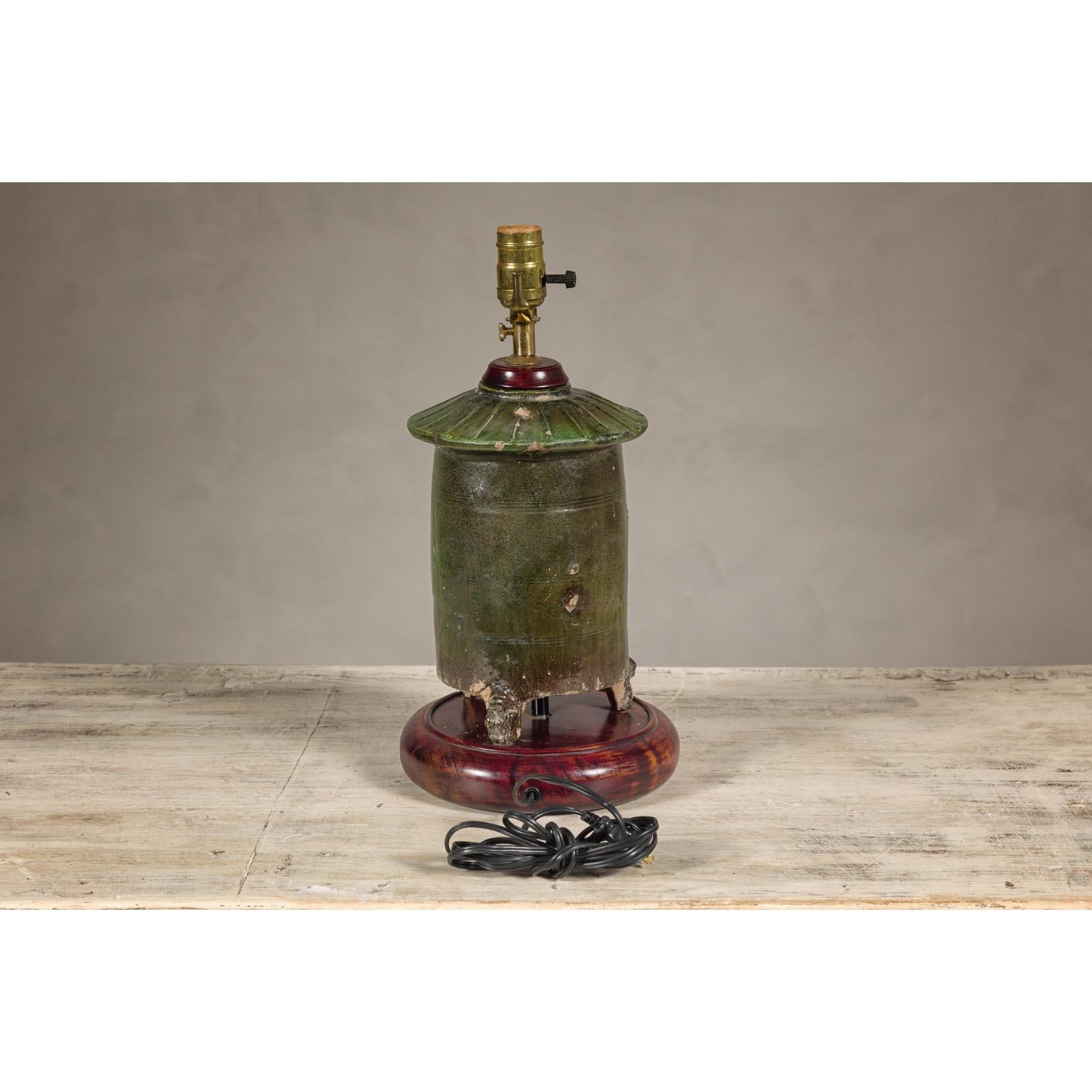 Green Glazed Terracotta Table Lamp on Circular Base
