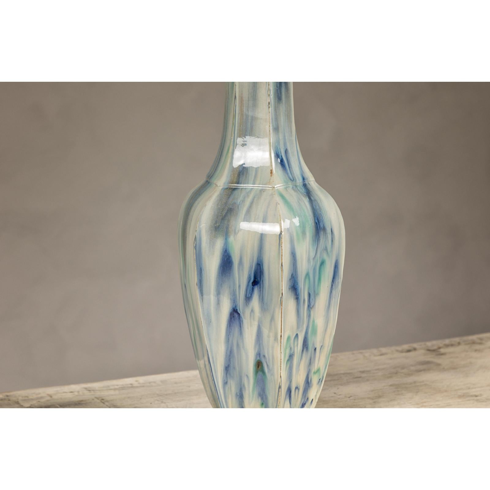 Multi-Color Vase with Blue and Green Drip Accent on Cream Ground