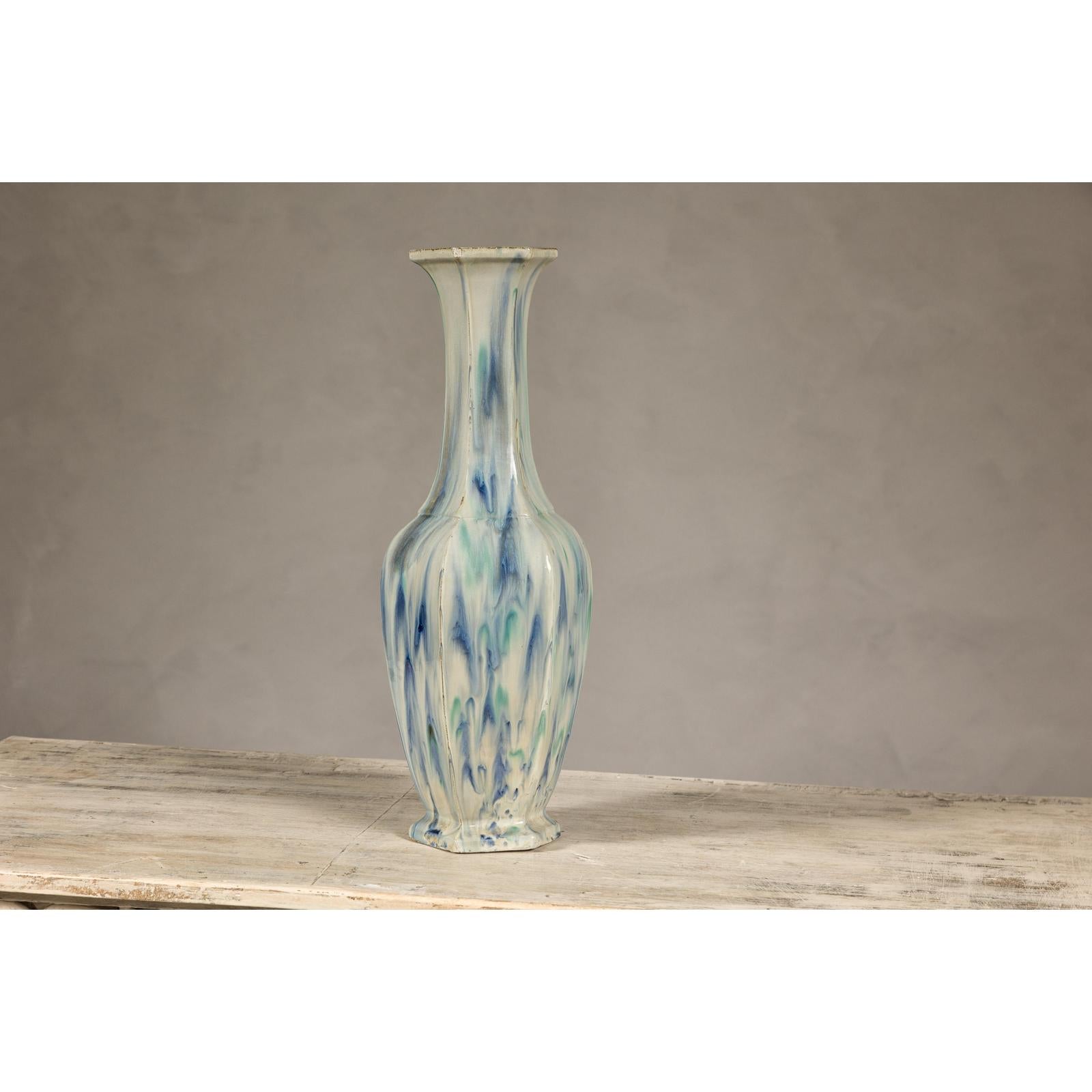 Multi-Color Vase with Blue and Green Drip Accent on Cream Ground