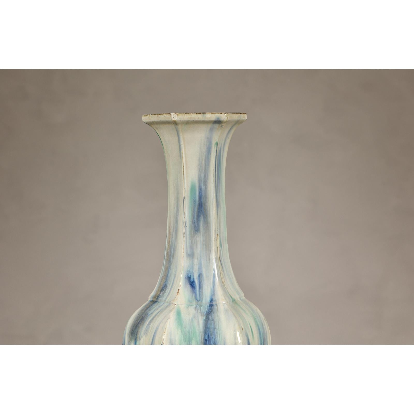 Multi-Color Vase with Blue and Green Drip Accent on Cream Ground