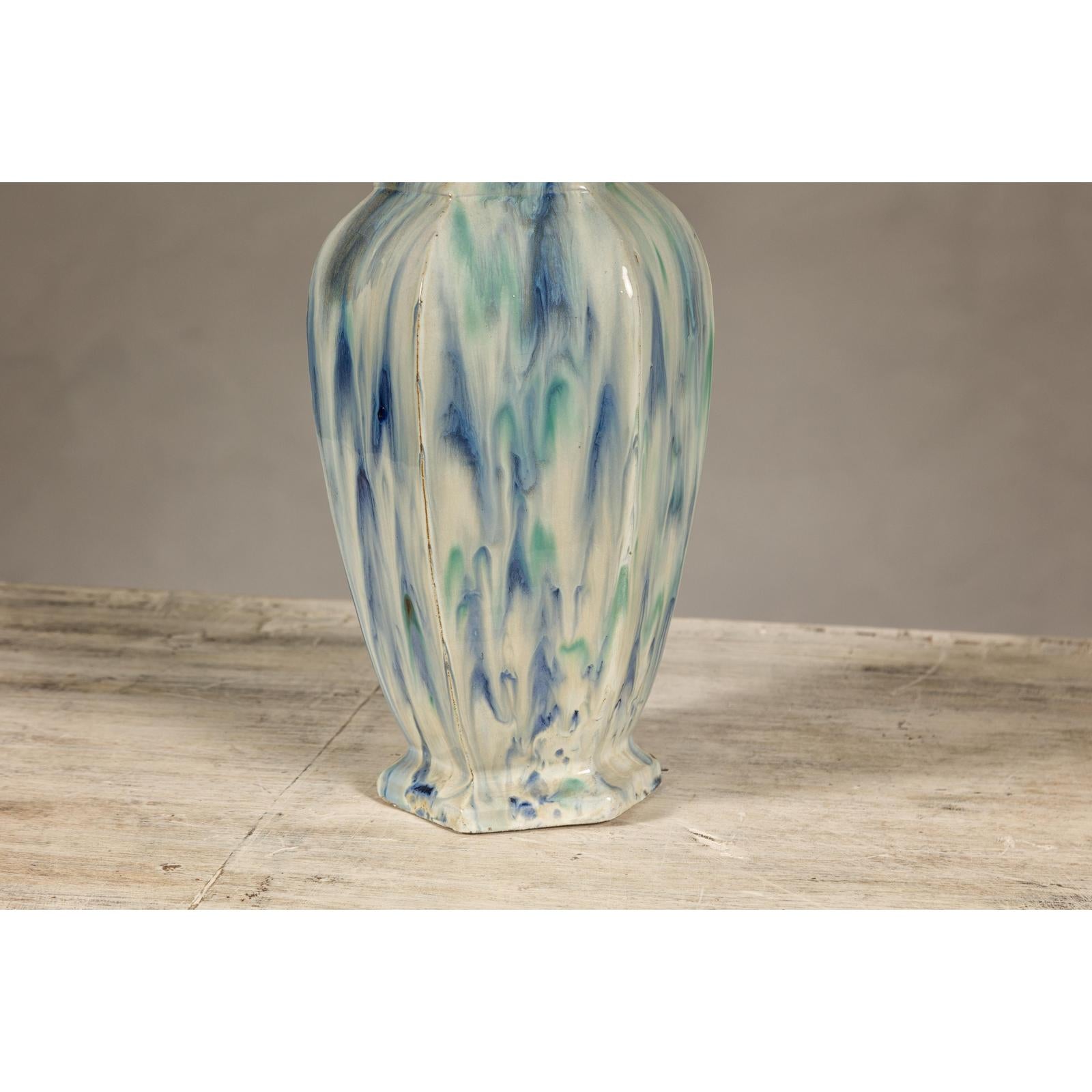 Multi-Color Vase with Blue and Green Drip Accent on Cream Ground