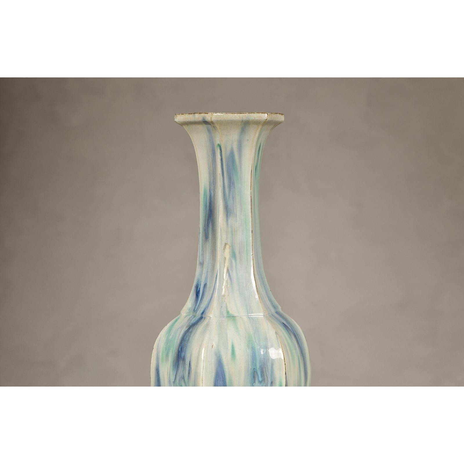 Multi-Color Vase with Blue and Green Drip Accent on Cream Ground