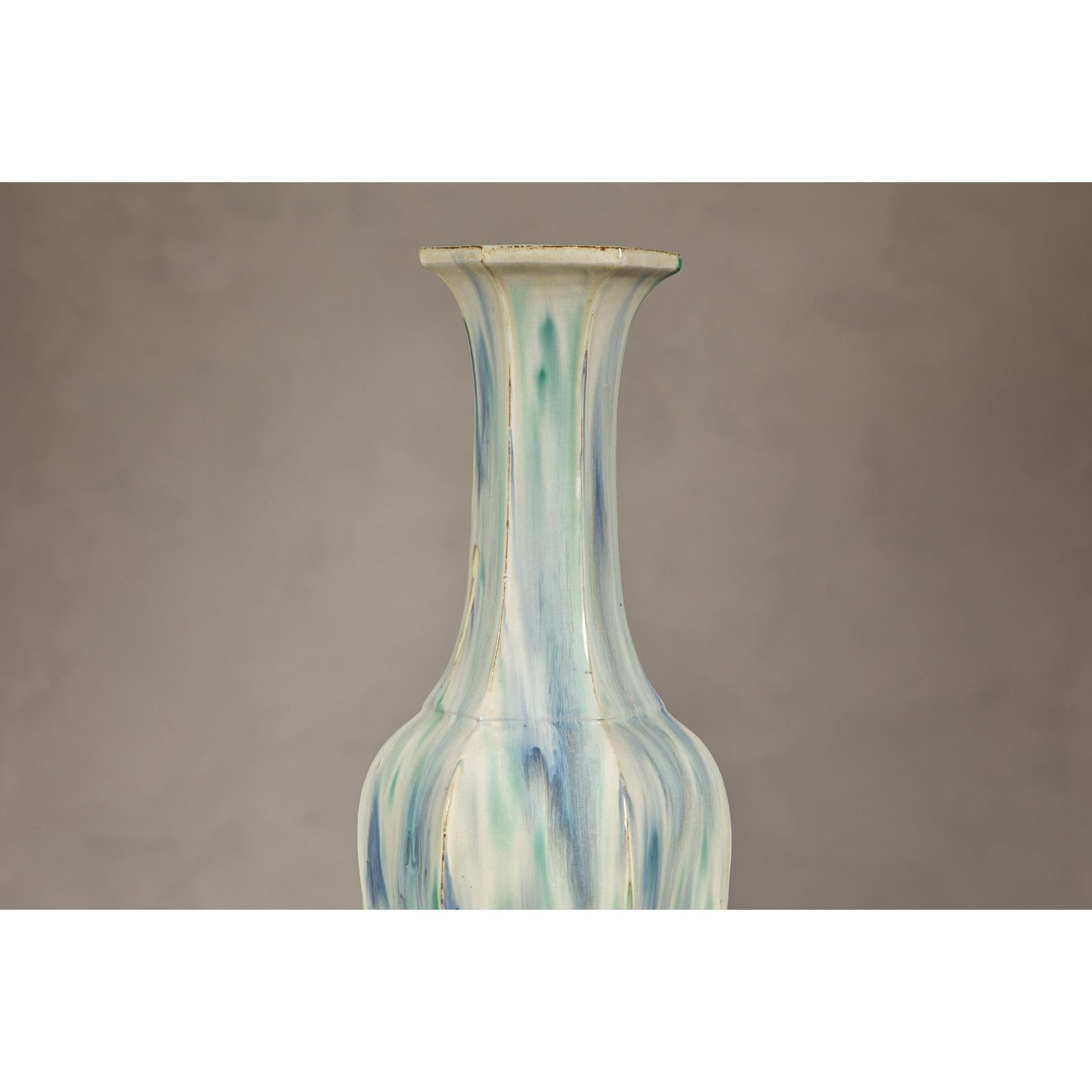 Multi-Color Vase with Blue and Green Drip Accent on Cream Ground