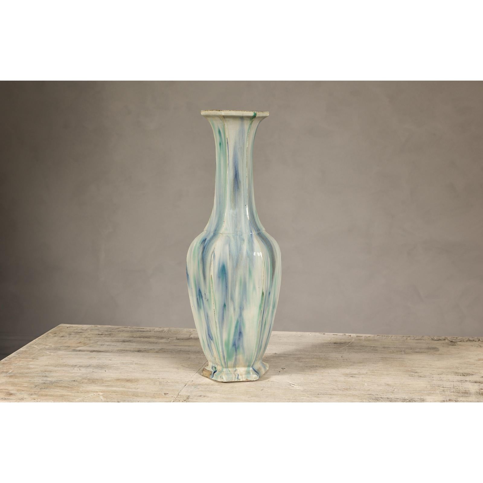 Multi-Color Vase with Blue and Green Drip Accent on Cream Ground