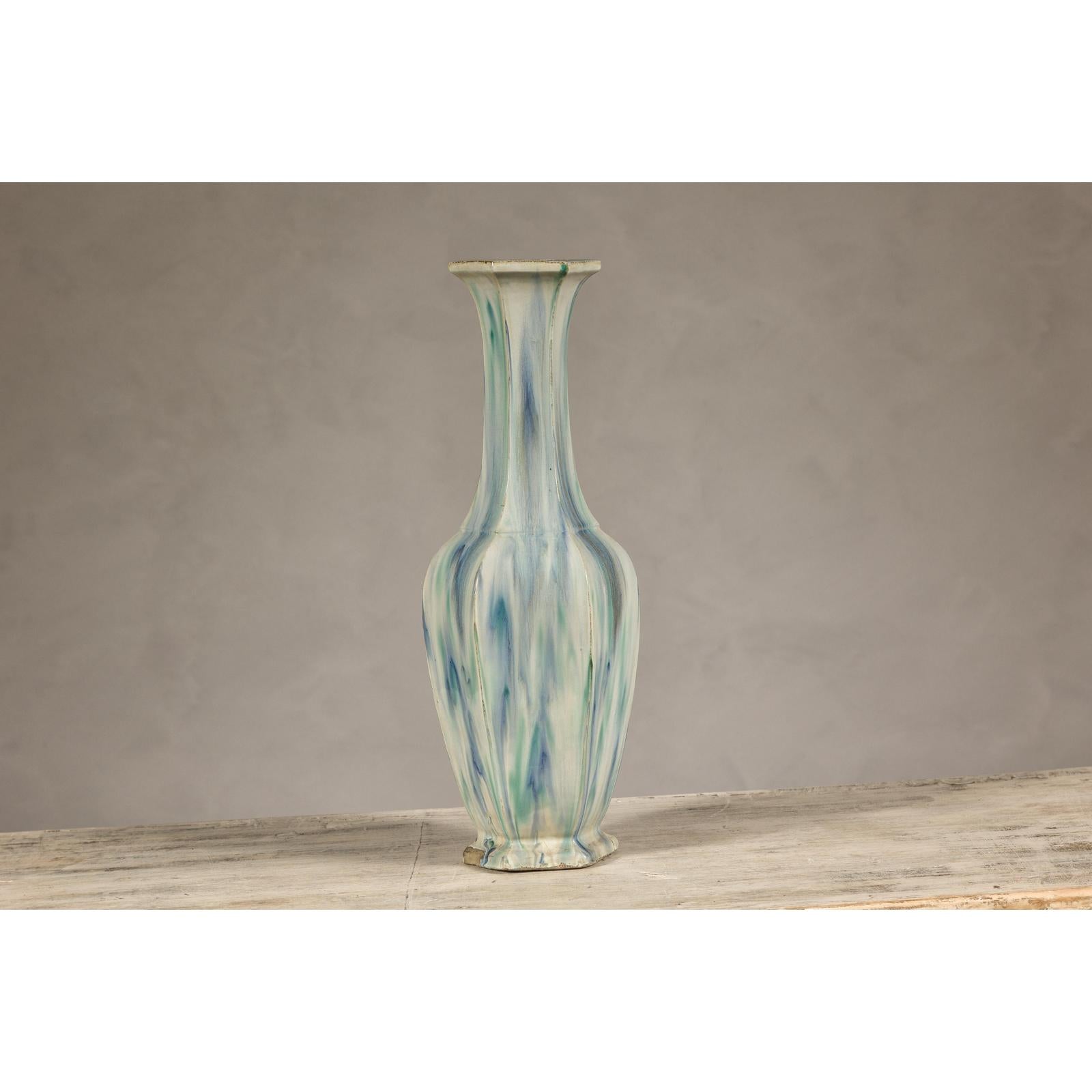 Multi-Color Vase with Blue and Green Drip Accent on Cream Ground