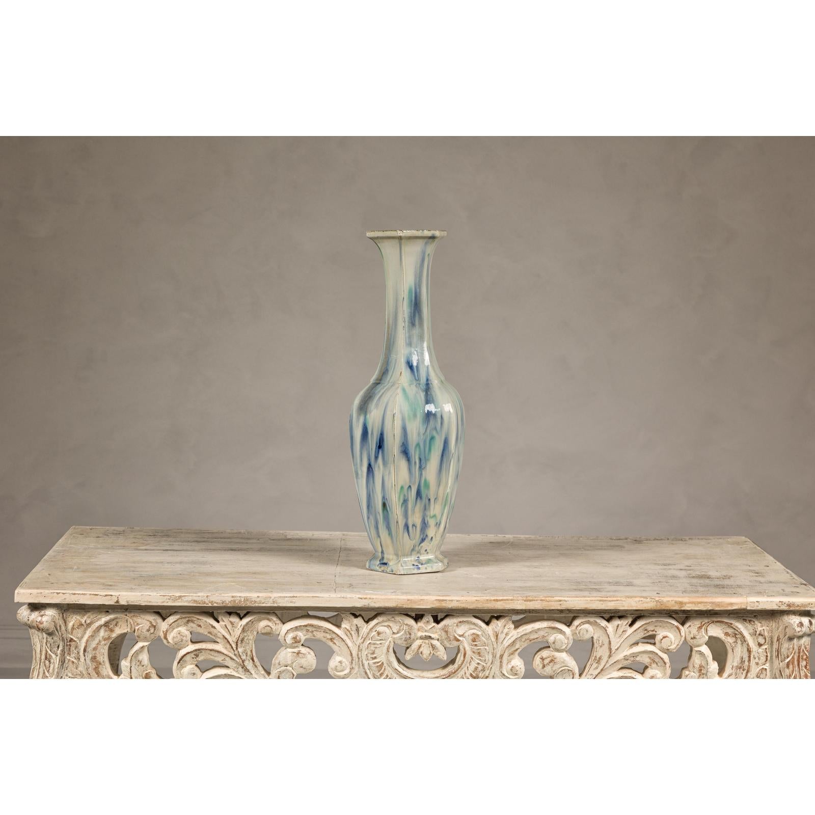 Multi-Color Vase with Blue and Green Drip Accent on Cream Ground