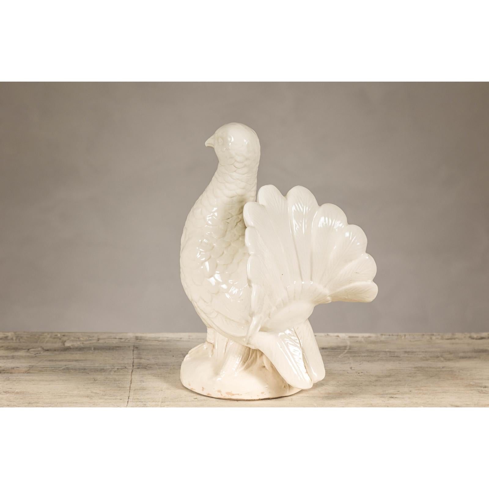 Petite Blanc de Chine Porcelain Fantail Pigeon Sculpture, Vintage