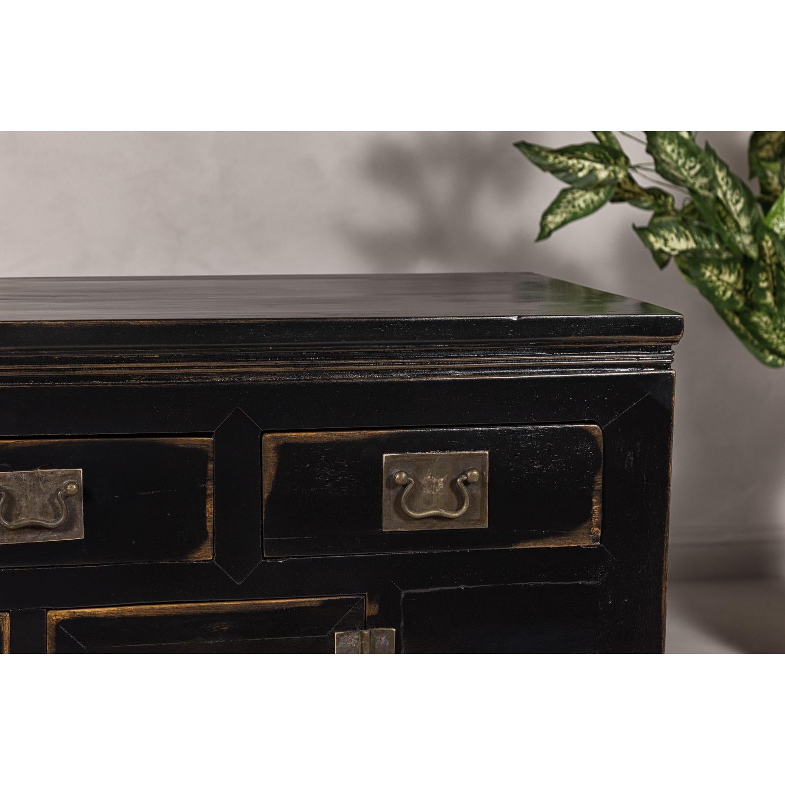 Black Lacquer Sideboard with Rubbed Edges, Brass Hardware, Doors and Drawers