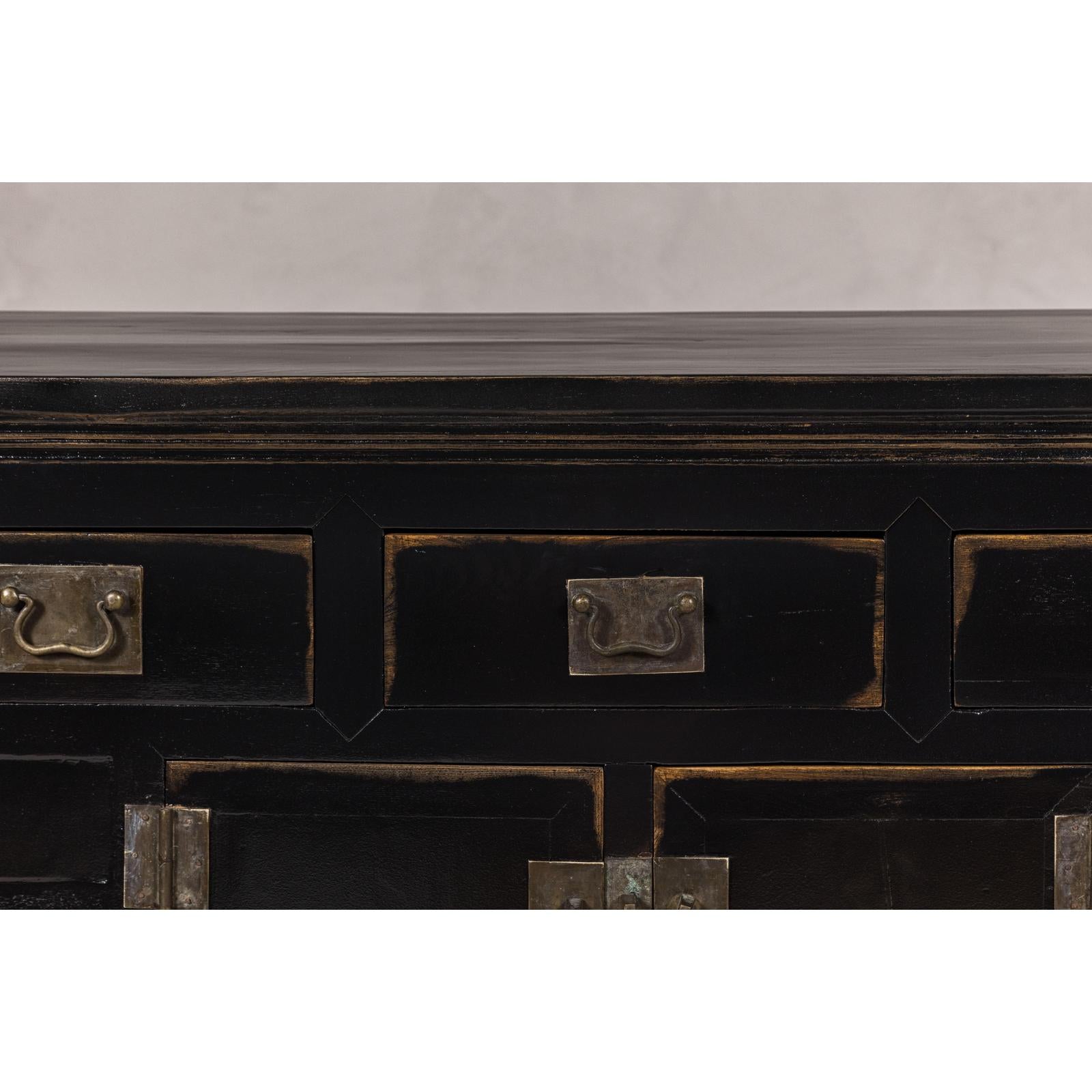 Black Lacquer Sideboard with Rubbed Edges, Brass Hardware, Doors and Drawers